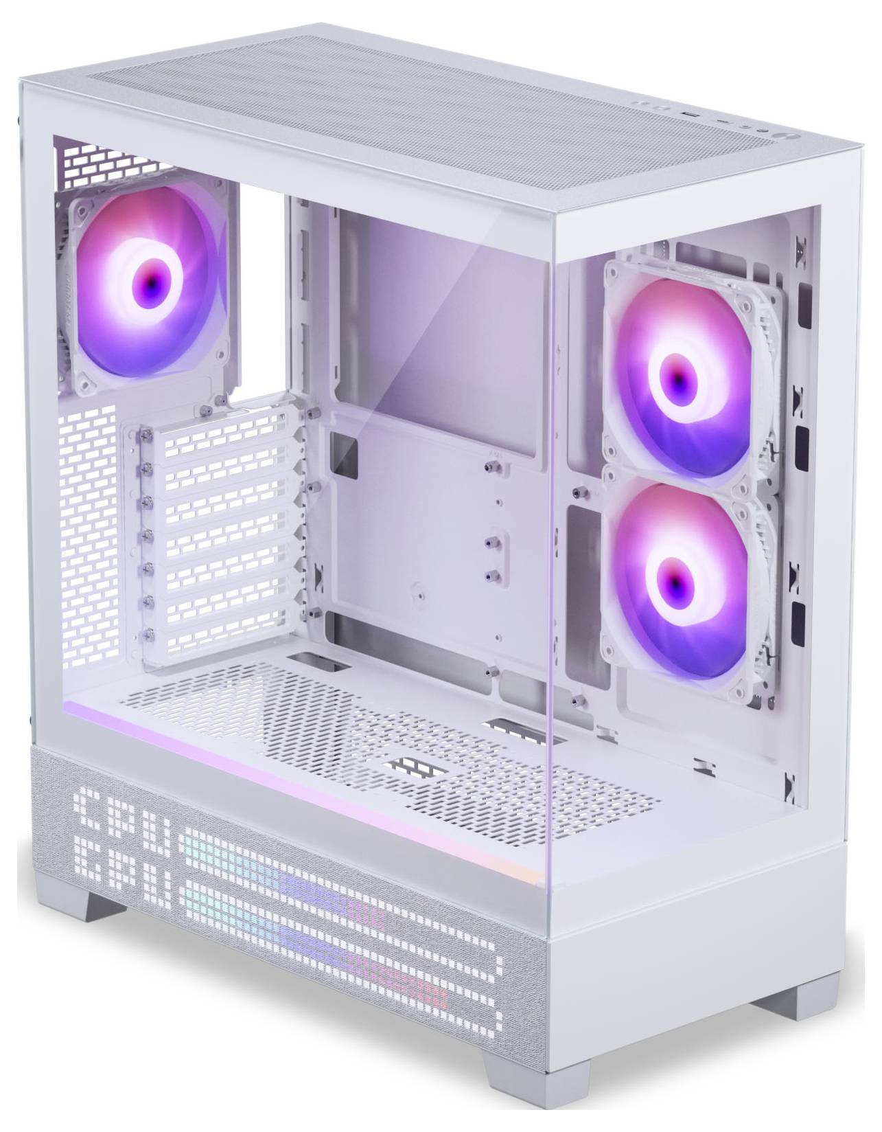 Ein weißes Computergehäuse mit gehärteten Glaspanelen zeigt drei RGB-Kühlventilatoren mit rosa und violetter Beleuchtung und unterstreicht ein elegantes Design.