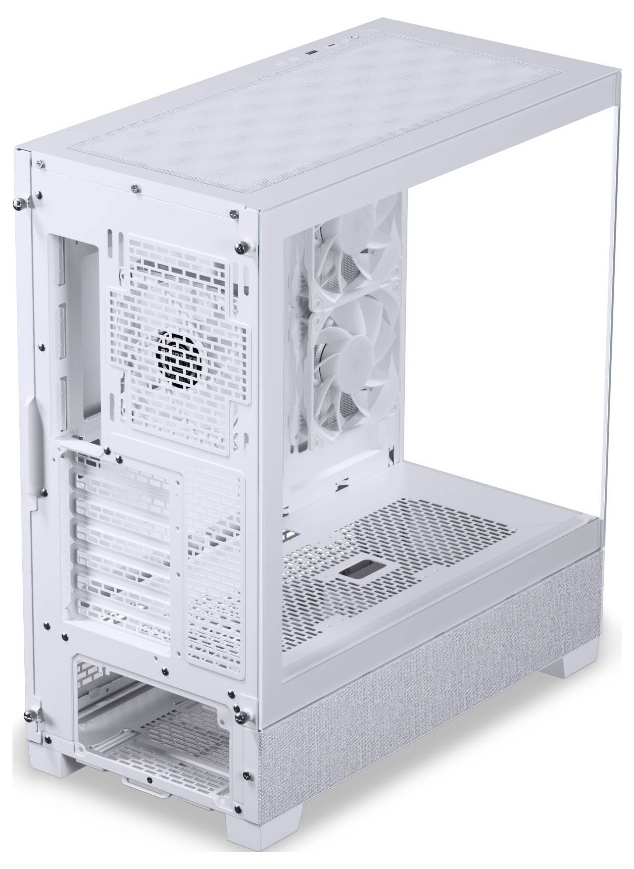 Ein weißes Computer-Gehäuse mit einem transparenten Seitenpanel, das den Innenraum für Komponenten und die Platzierung von Lüftern zur Kühlung zeigt.