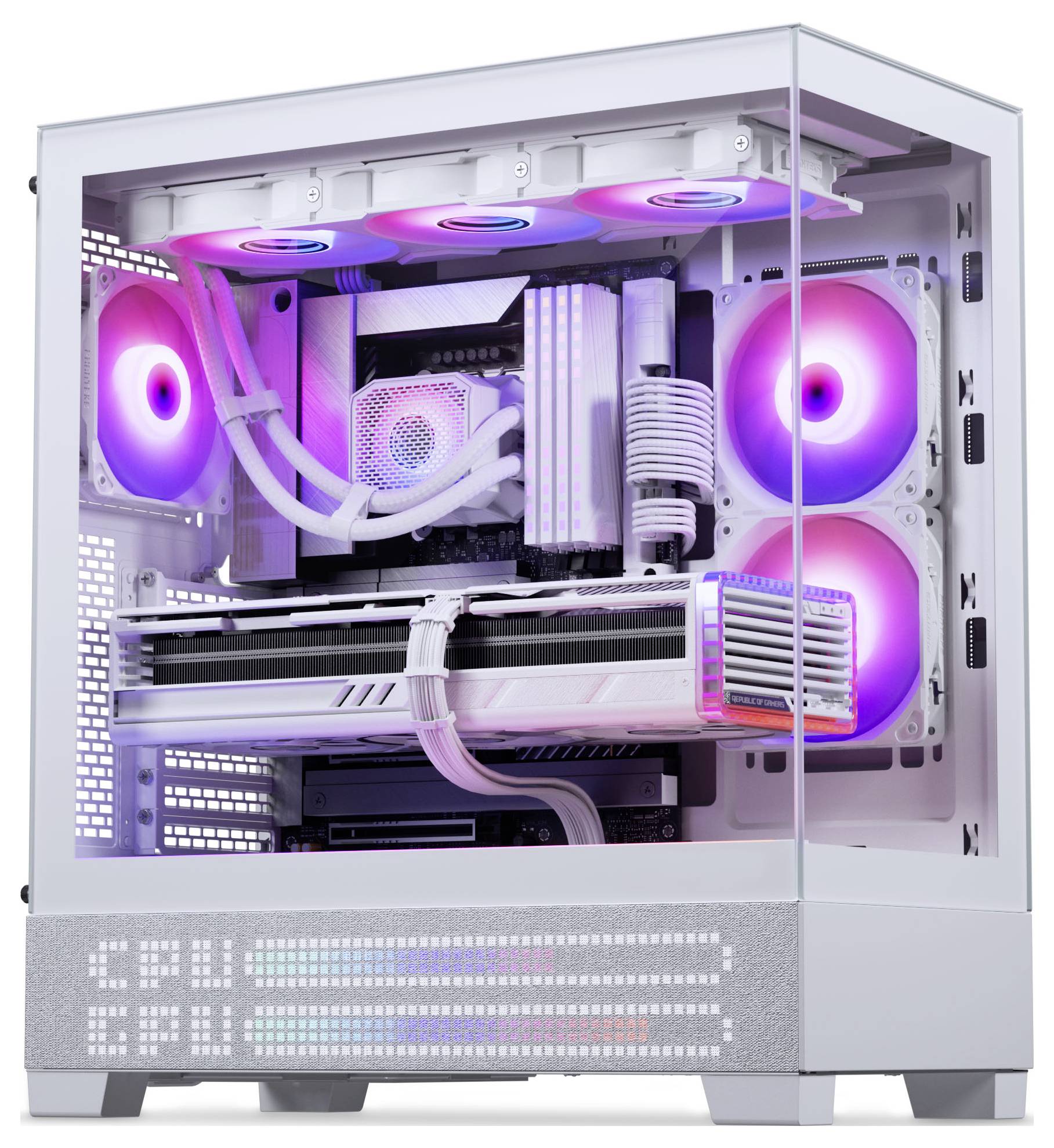 Ein weißer Gaming-PC mit RGB-Beleuchtung, ausgestattet mit mehreren Lüftern und einem transparenten Seitenpanel, das eine aufwendige Kabelführung und Komponenten zur Schau stellt.