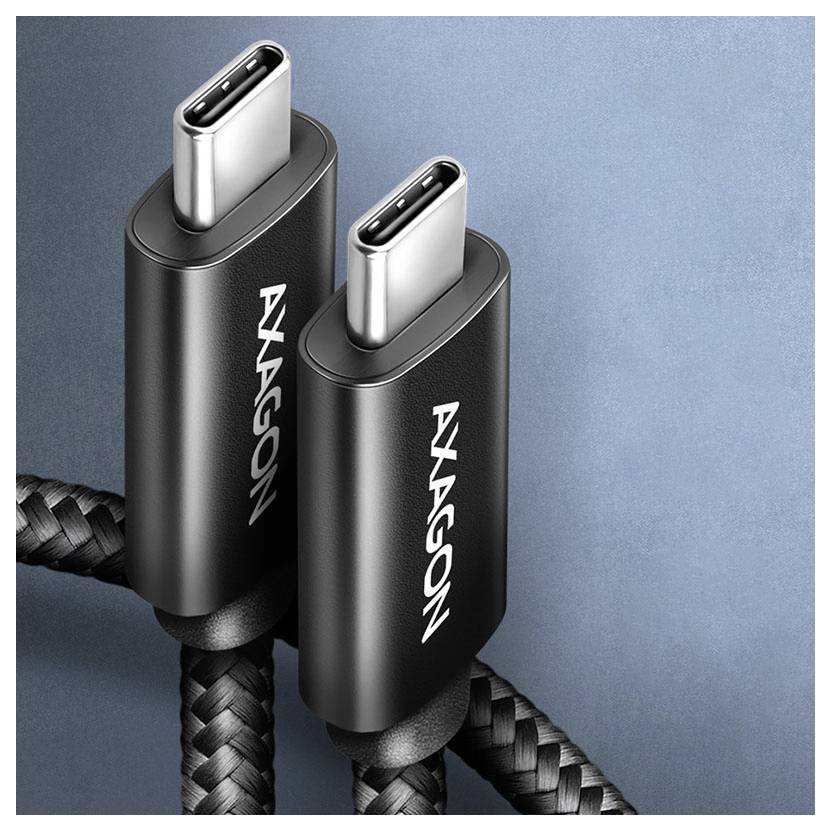 Zwei USB-C-Kabel mit geflochtenen Schnüren, mit der Bezeichnung „AXAGON