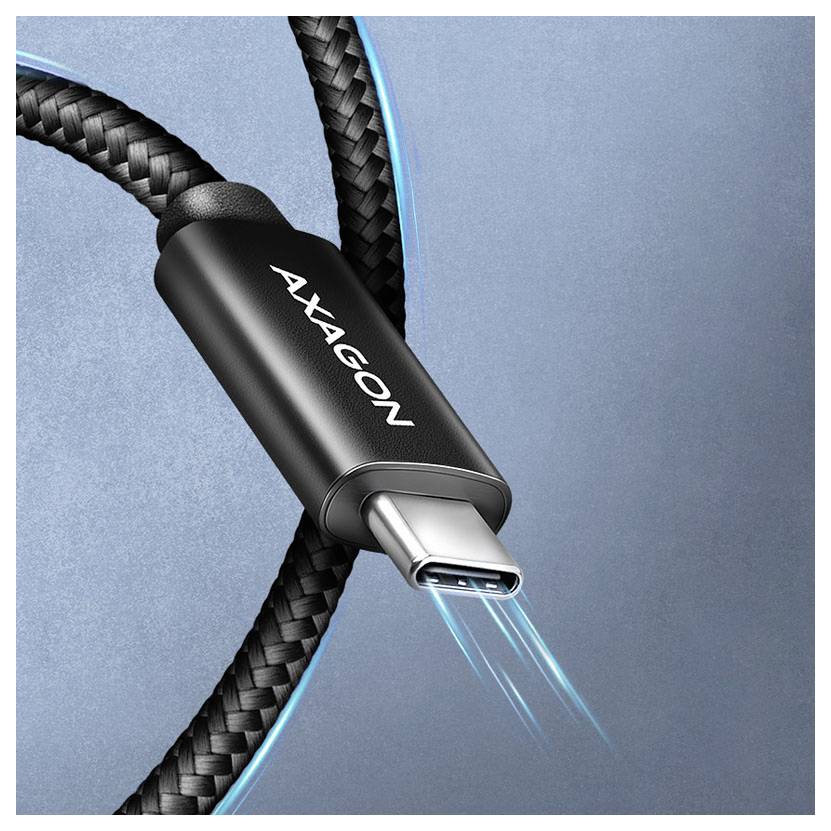 Eine Nahaufnahme eines schwarzen USB-C-Kabels mit der Bezeichnung „AXAGON