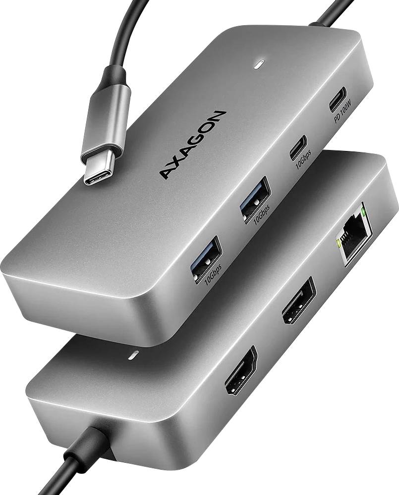 Zwei stapelbare USB-C-Hubs mit mehreren Anschlüssen, darunter USB, Ethernet, HDMI und Power Delivery, geeignet zur Erweiterung der Konnektivität.
