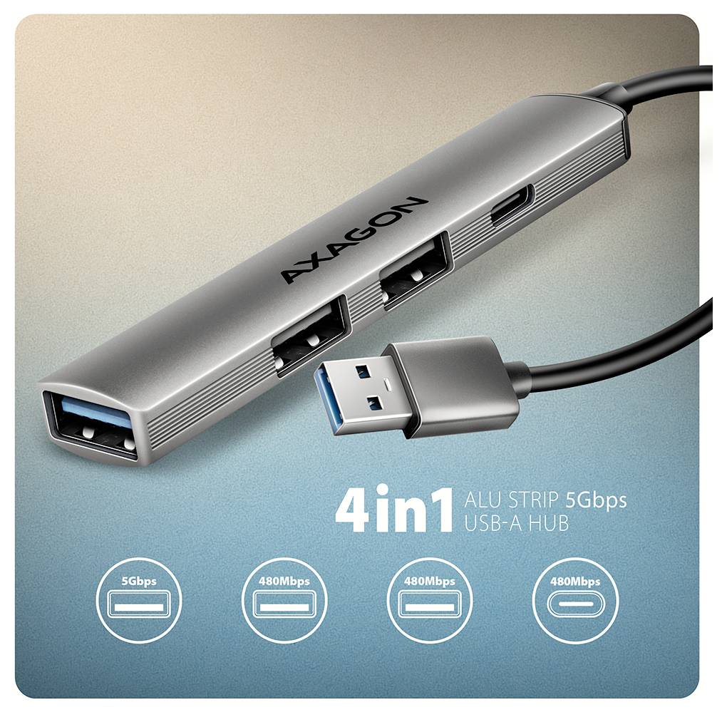 Axagon 4-in-1 USB-A Hub mit Aluminium-Streifendesign, das 5 Gbps Geschwindigkeit für USB 3.0 und 480 Mbps für andere Anschlüsse bietet. Geeignet für die Datenübertragung.