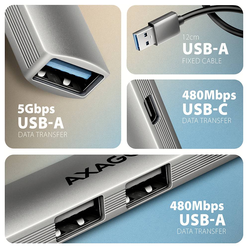 Ein USB-Hub mit mehreren Anschlüssen, einschließlich USB-A und USB-C, ermöglicht Datenübertragungsraten von 5 Gbit/s und 480 Mbit/s. Das USB-A-Kabel ist 12 cm lang.