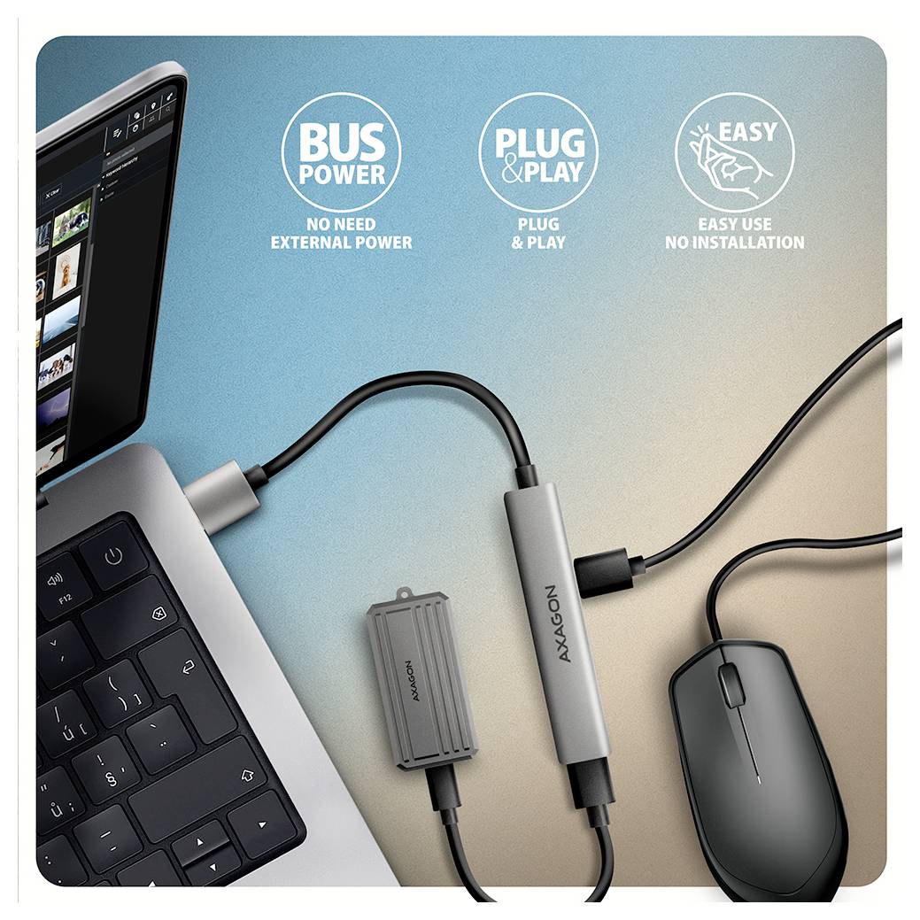 Ein USB-C-Hub, der mit einem Laptop und einer Maus verbunden ist. Texte hervorgehoben: „Stromversorgung über Bus