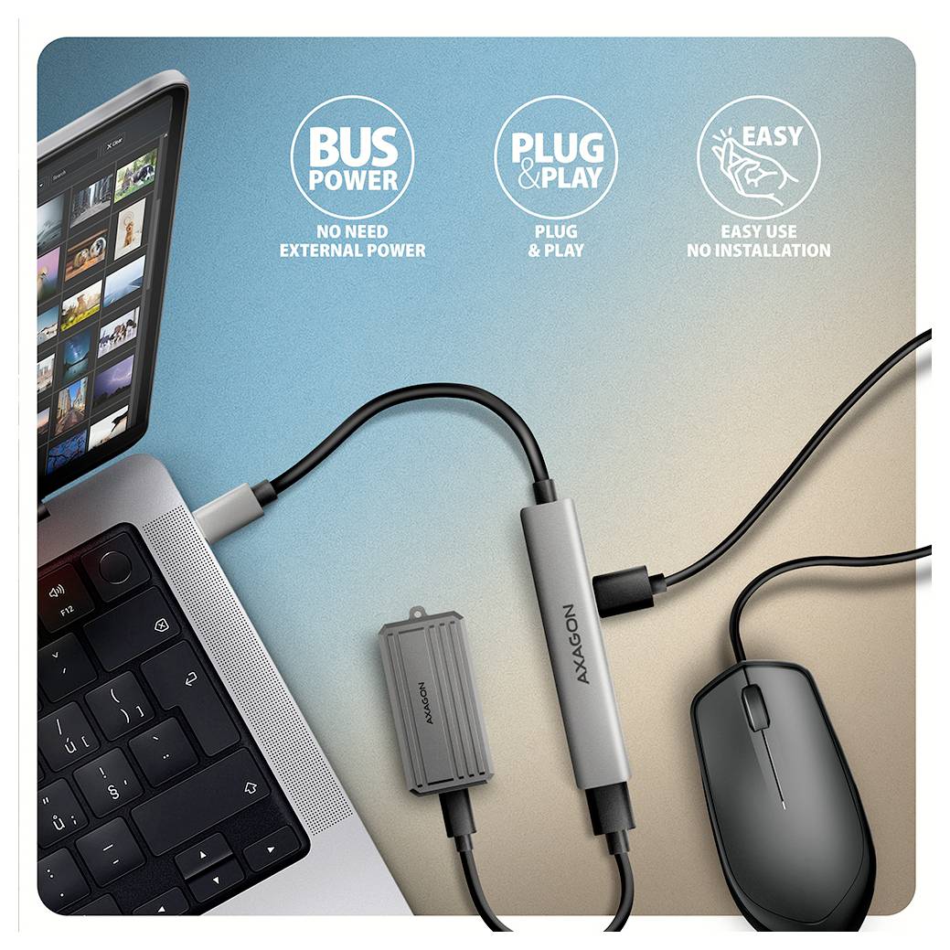 USB-Hub verbunden mit einem Laptop und einer Maus, mit Hervorhebung der Funktionen „Bus Power