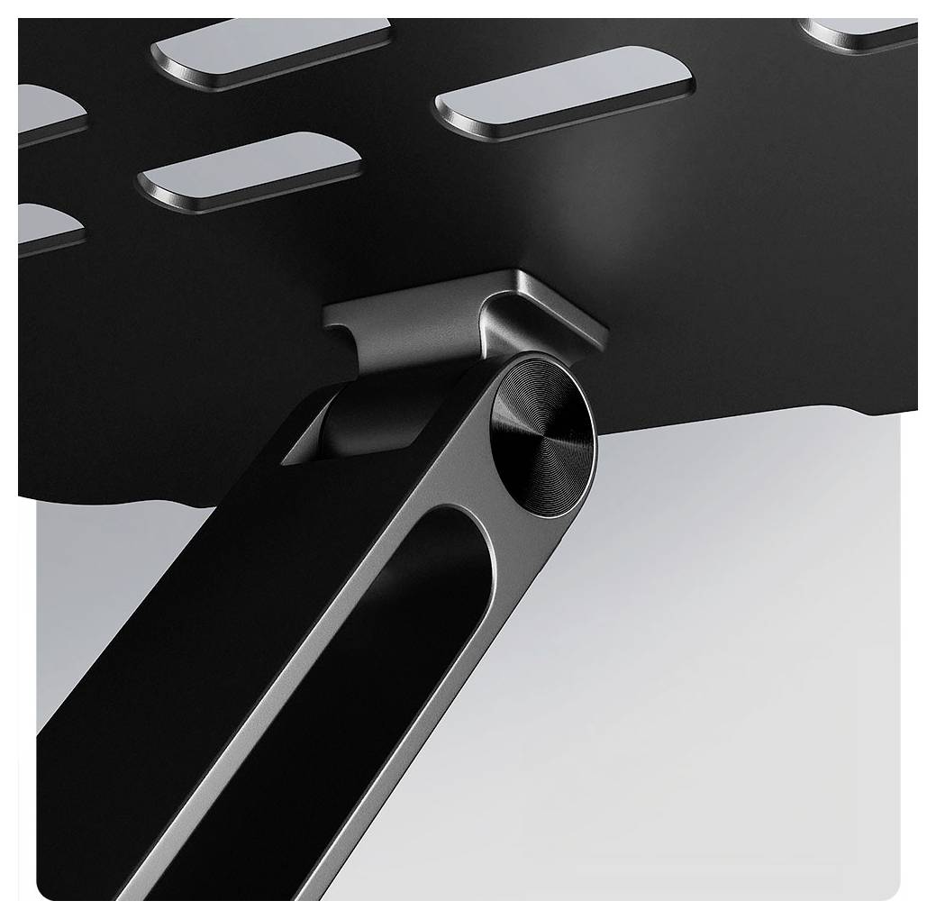 Eine Nahaufnahme einer eleganten, schwarzen Metallhalterung mit polygonalgem Lochmuster und verstellbarem Arm, die eine robuste, moderne Konstruktion andeutet.