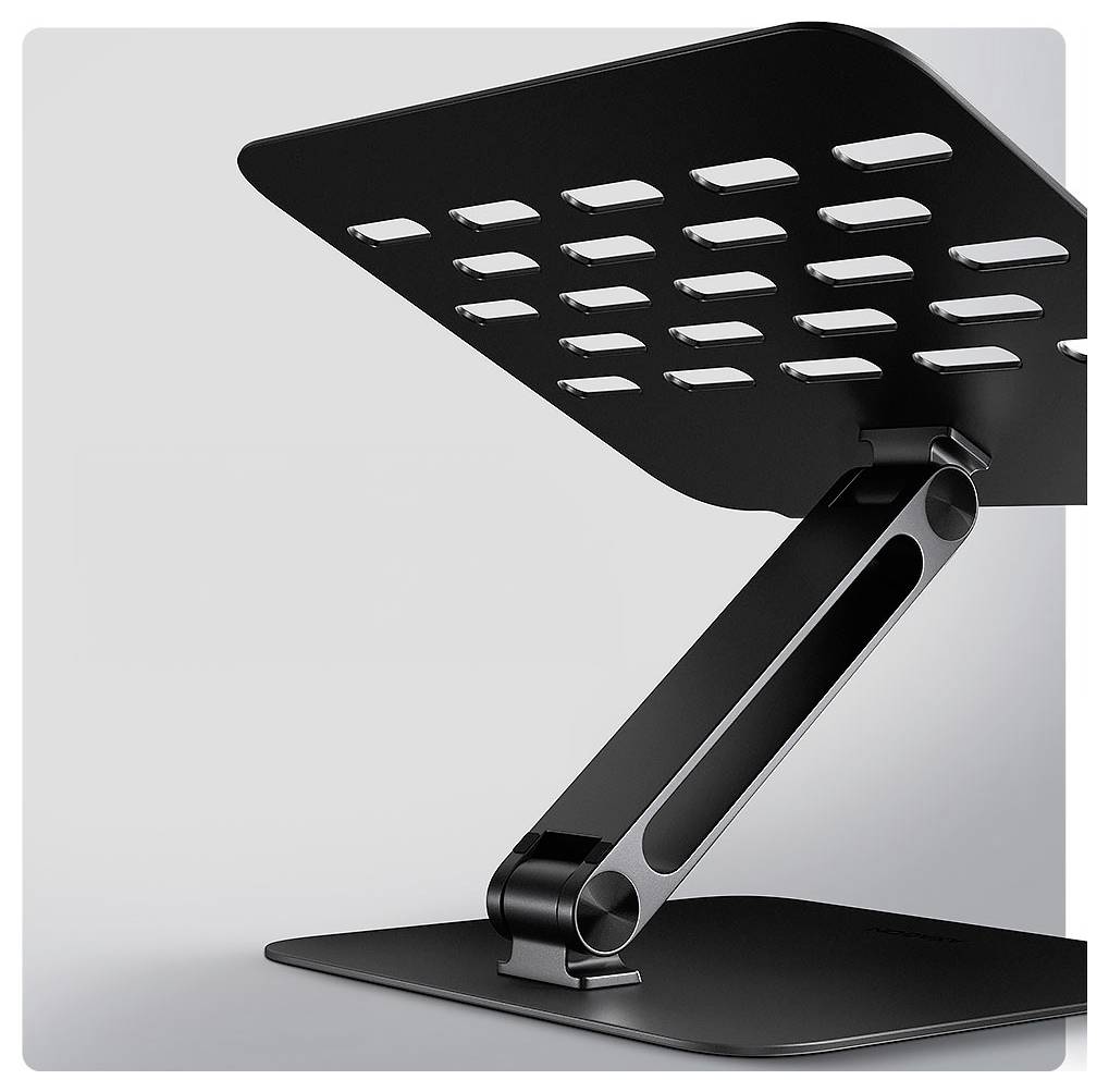 Ein schwarzer, verstellbarer Metall-Laptop-Ständer mit Gittermuster auf der Oberfläche, entwickelt, um einen Laptop zur ergonomischen Nutzung zu erheben.