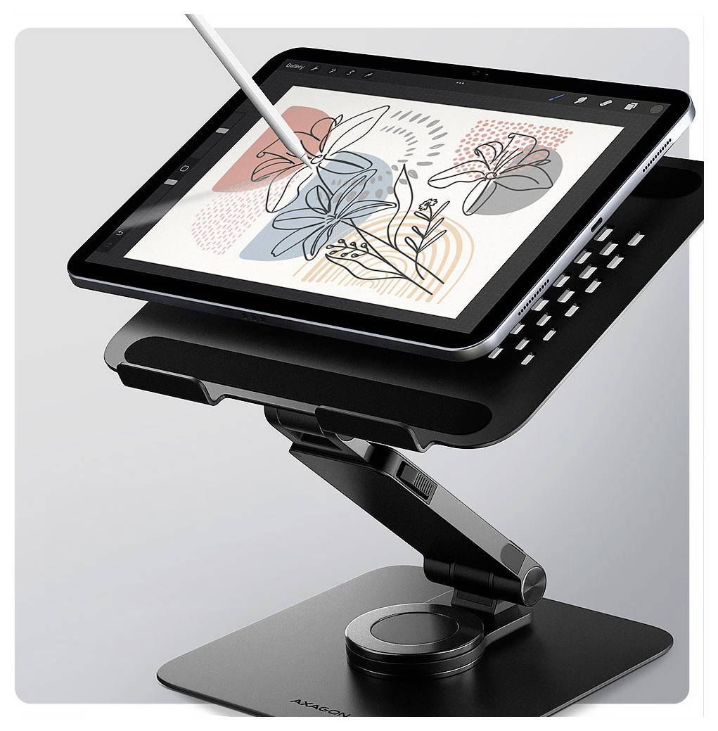 Ein Tablet mit einem Stift ist auf einem verstellbaren Ständer montiert. Der Bildschirm zeigt eine digitale Kunstzeichnung mit abstrakten Blumenmotiven.