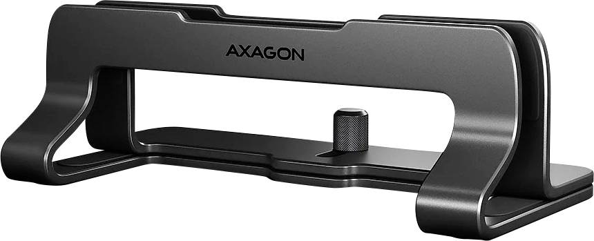 Ein vertikaler Laptop-Ständer aus schwarzem Metall mit „AXAGON