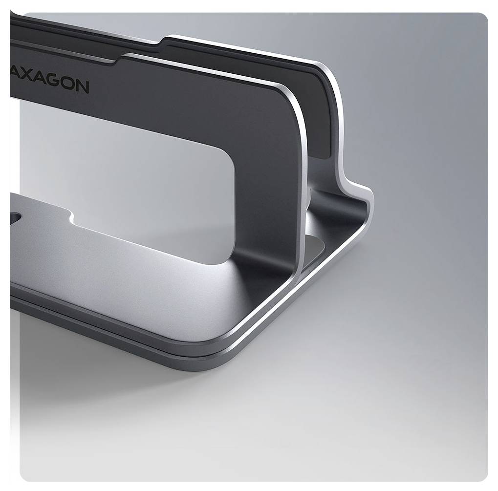 Ein eleganter silberner Geräteständer mit Ausschnittdesign, auf der Seite mit dem Markennamen 