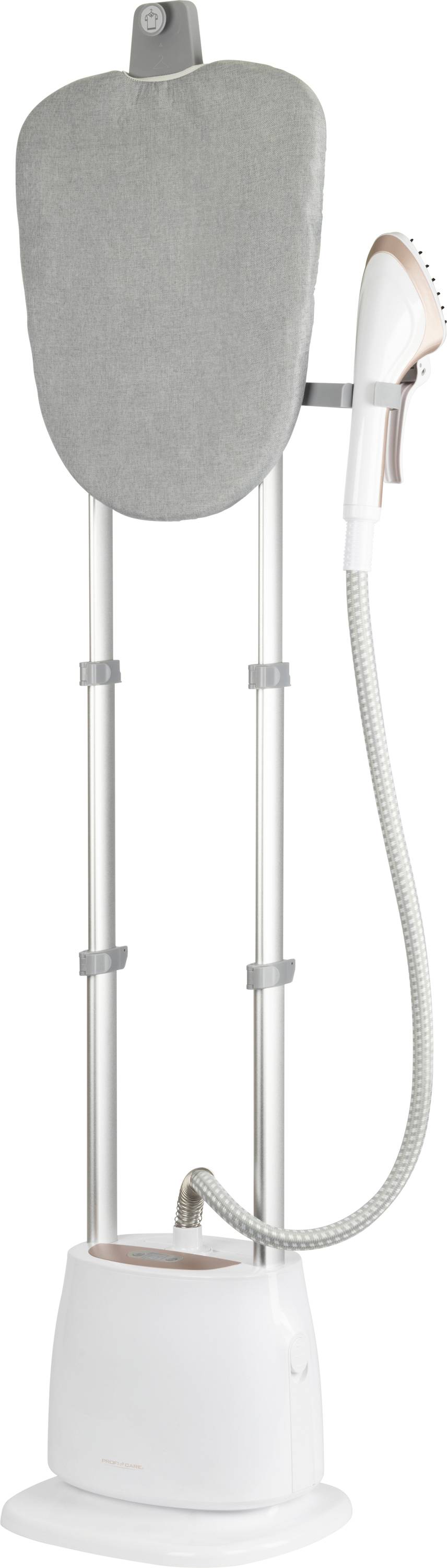 Ein Dampfgarer für Kleidung mit verstellbaren Metallstangen, ein grauer Bügeeltisch und ein Schlauch mit Dampfkopf. Entwickelt zum vertikalen Dämpfen von Kleidung.