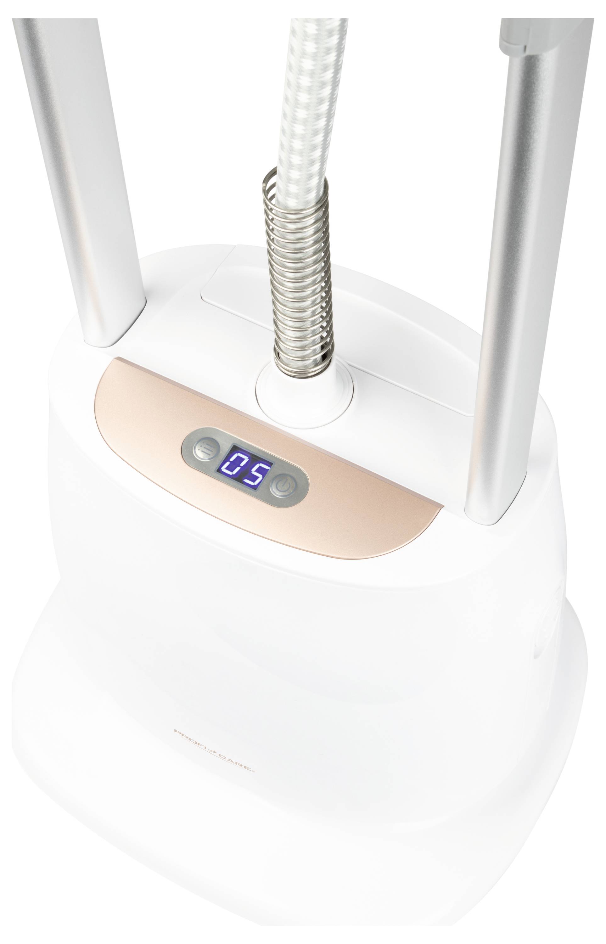 Ein weiß-rosa Dampfgarer mit digitaler Anzeige, die 