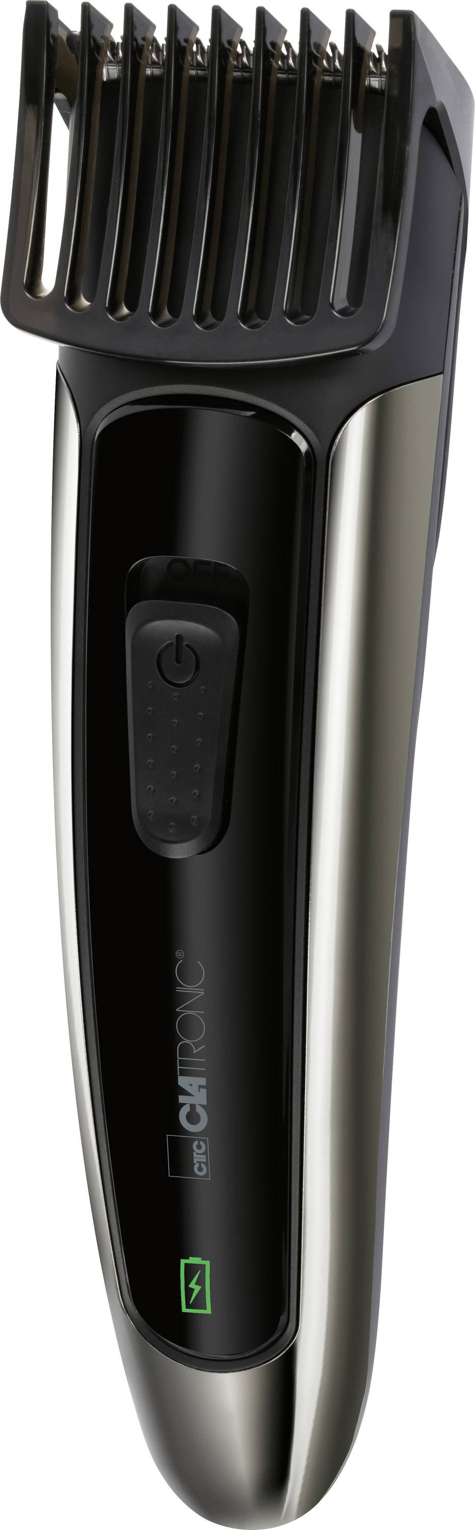 Elektrischer Haarschneider mit schwarzem und silbernem Design, ausgestattet mit einem verstellbaren Kamm für verschiedene Haarlängen.