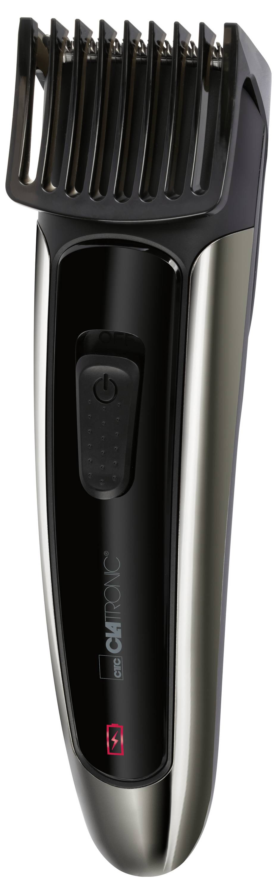 Ein schwarzer und silberner Bartschneider mit verstellbarem Kamm, entwickelt für präzises Trimmen und Stylen von Gesichtsbehaarung.