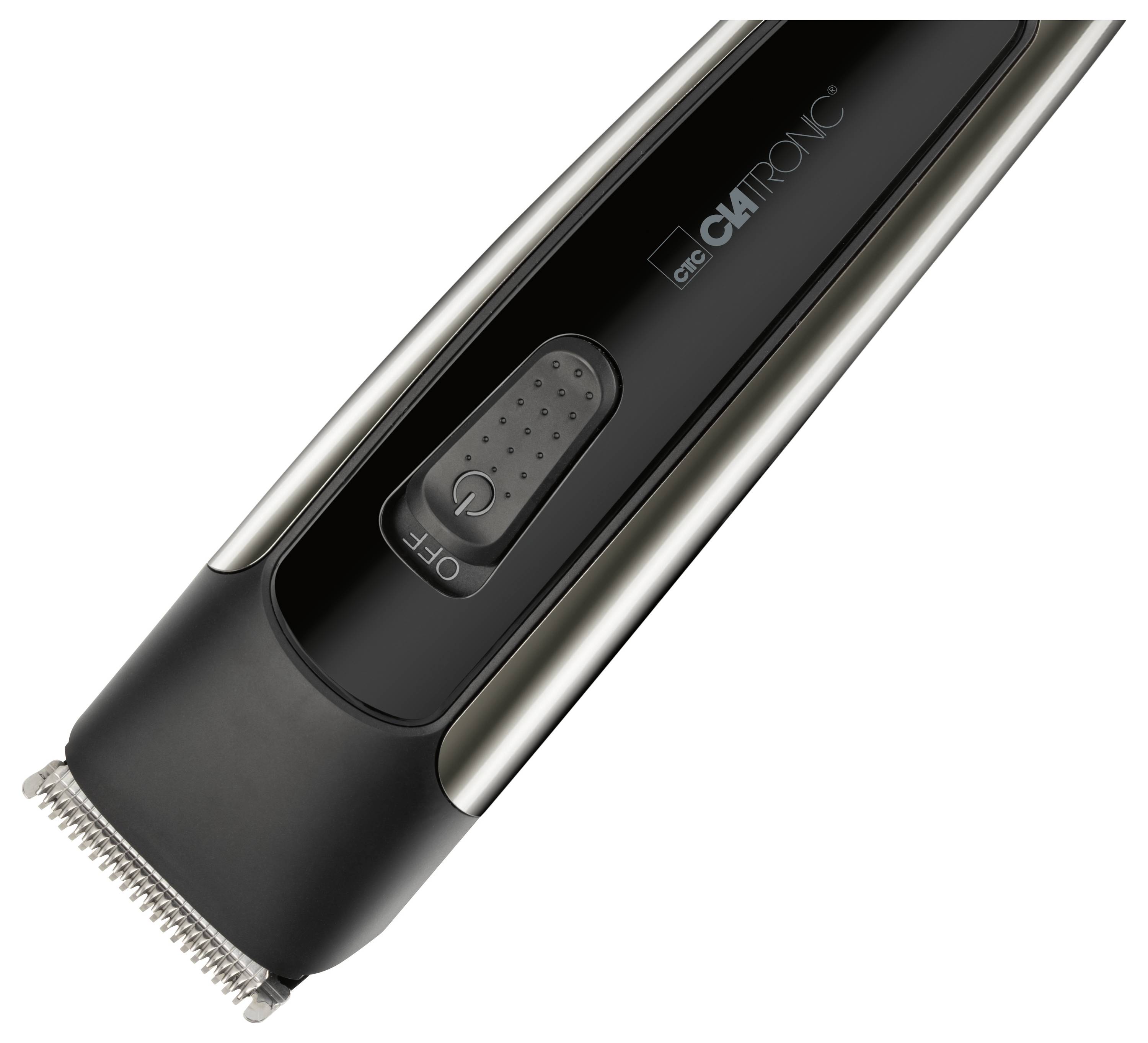 Elektrischer Haarschneider mit elegantes schwarzes und silbernes Design, mit beschrifteter 