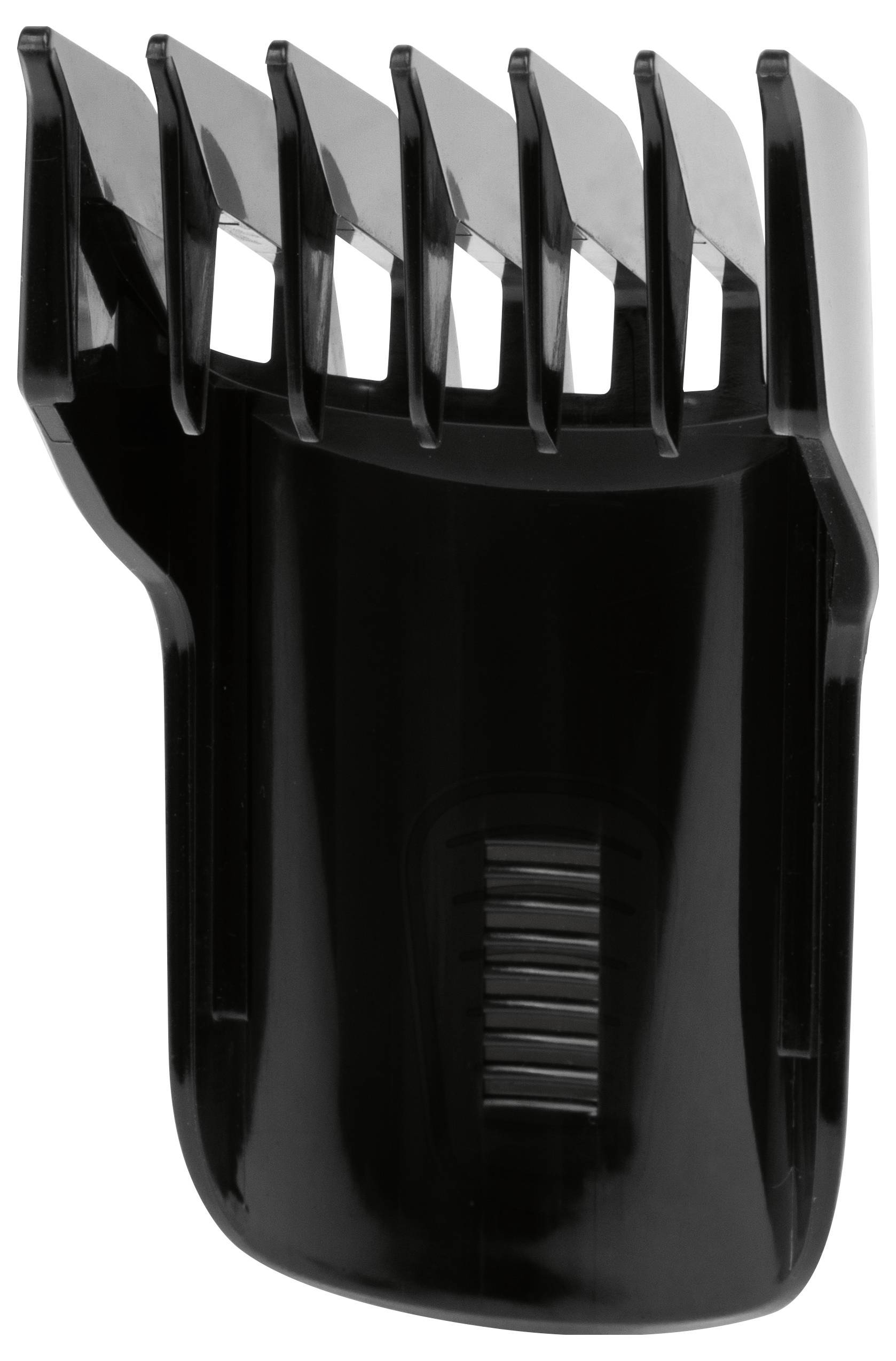 Eine schwarze Kunststoffkammaufsatz, die für einen elektrischen Haarschneider konzipiert ist und gleichmäßig angeordnete Zähne für eine konsistente Schnittlänge aufweist.