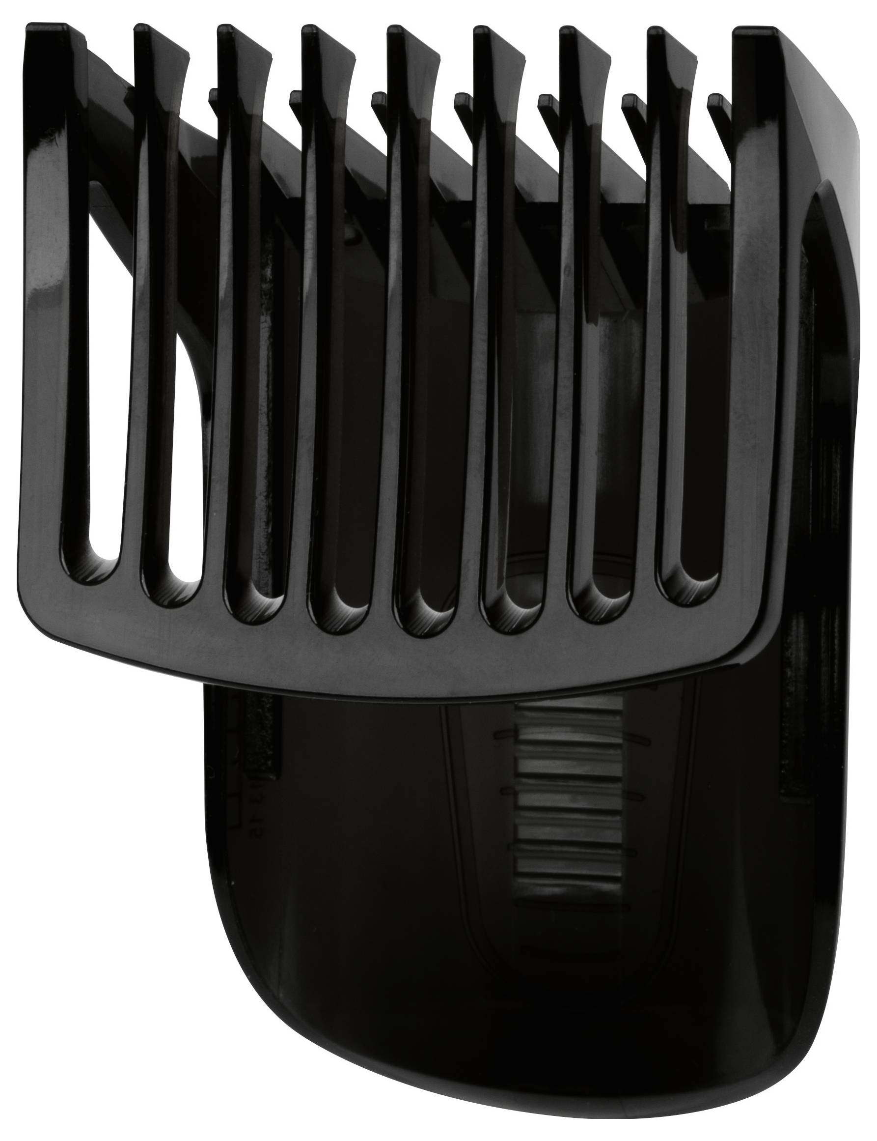 Eine schwarze Kunststoff-Aufsatzkamm für eine Haarschneidemaschine mit gleichmäßig verteilten Zähnen, konzipiert um die Haarschnittlänge zu führen.