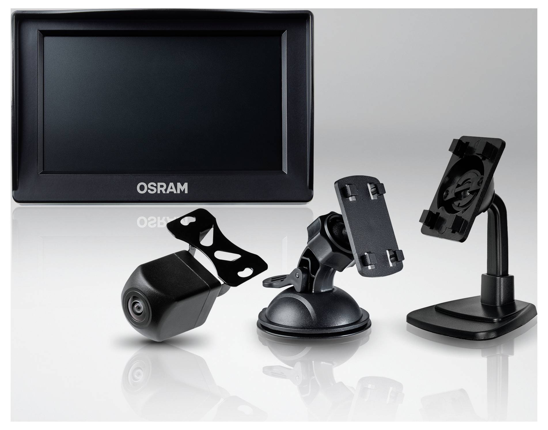 'OSRAM'-Branding auf einem digitalen Display, mit einer kleinen Kamera und zwei Montageklammern im Vordergrund, ausgelegt für Montagezwecke.