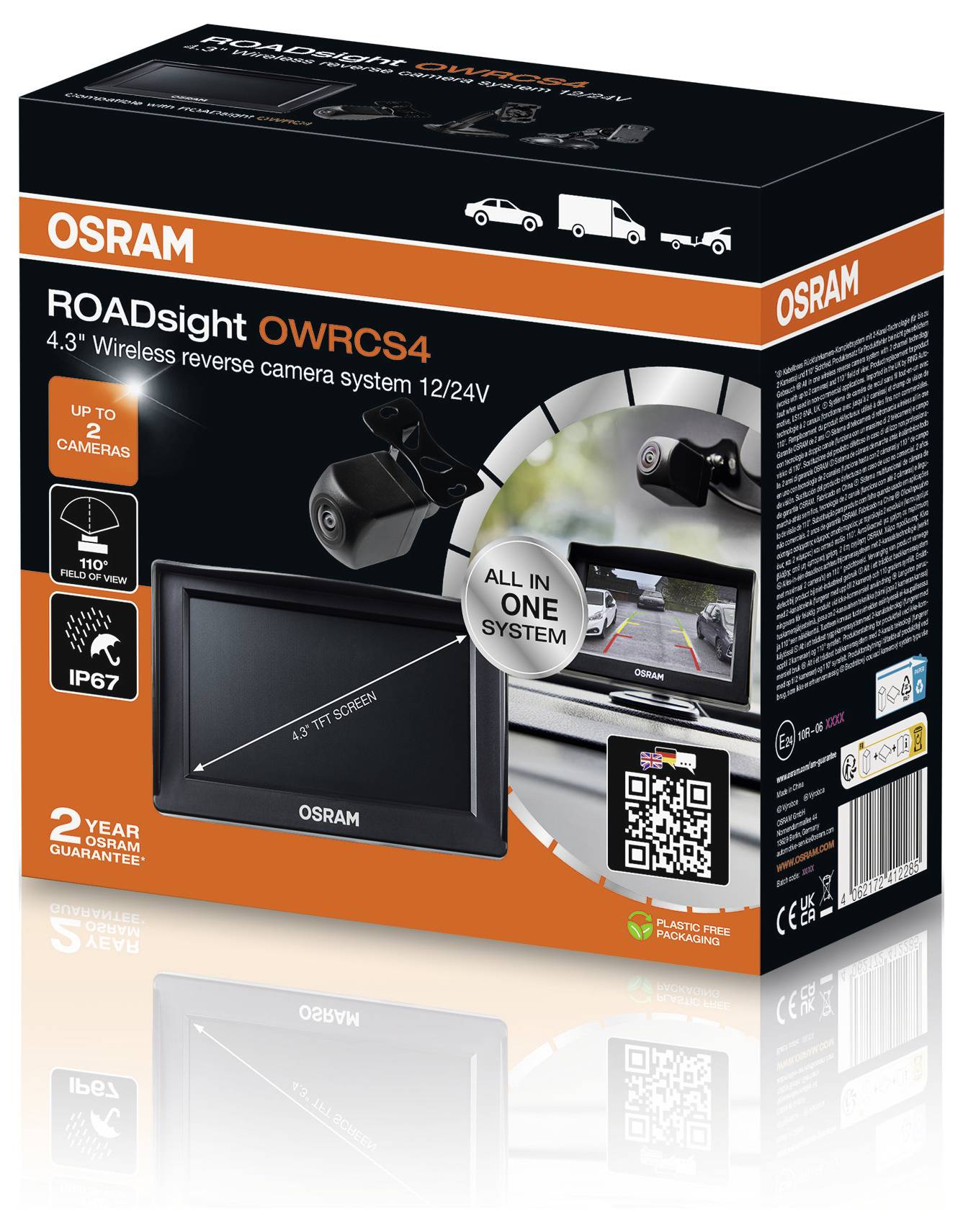 Osram ROADsight OWRC4S Box mit einem kabellosen Rückfahrkamerasystem mit 4,3-Zoll-Bildschirm, geeignet für 12/24V, mit IP67-Schutzart.