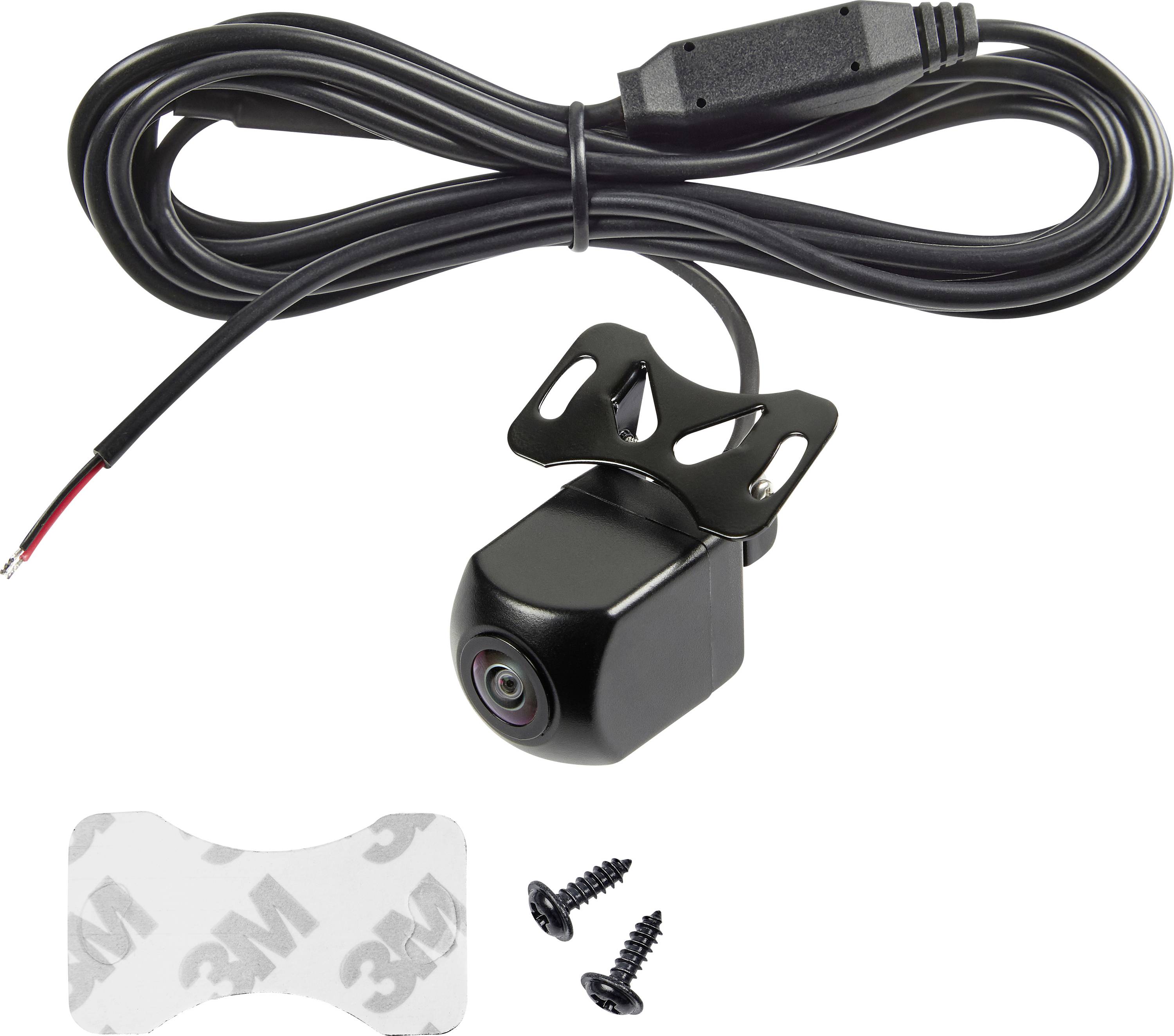 Eine kleine schwarze Rückfahrkamera mit einer Montageklammer und Schrauben, angebracht an einem langen Kabel. Ein 3M-Klebeband ist im Lieferumfang enthalten.