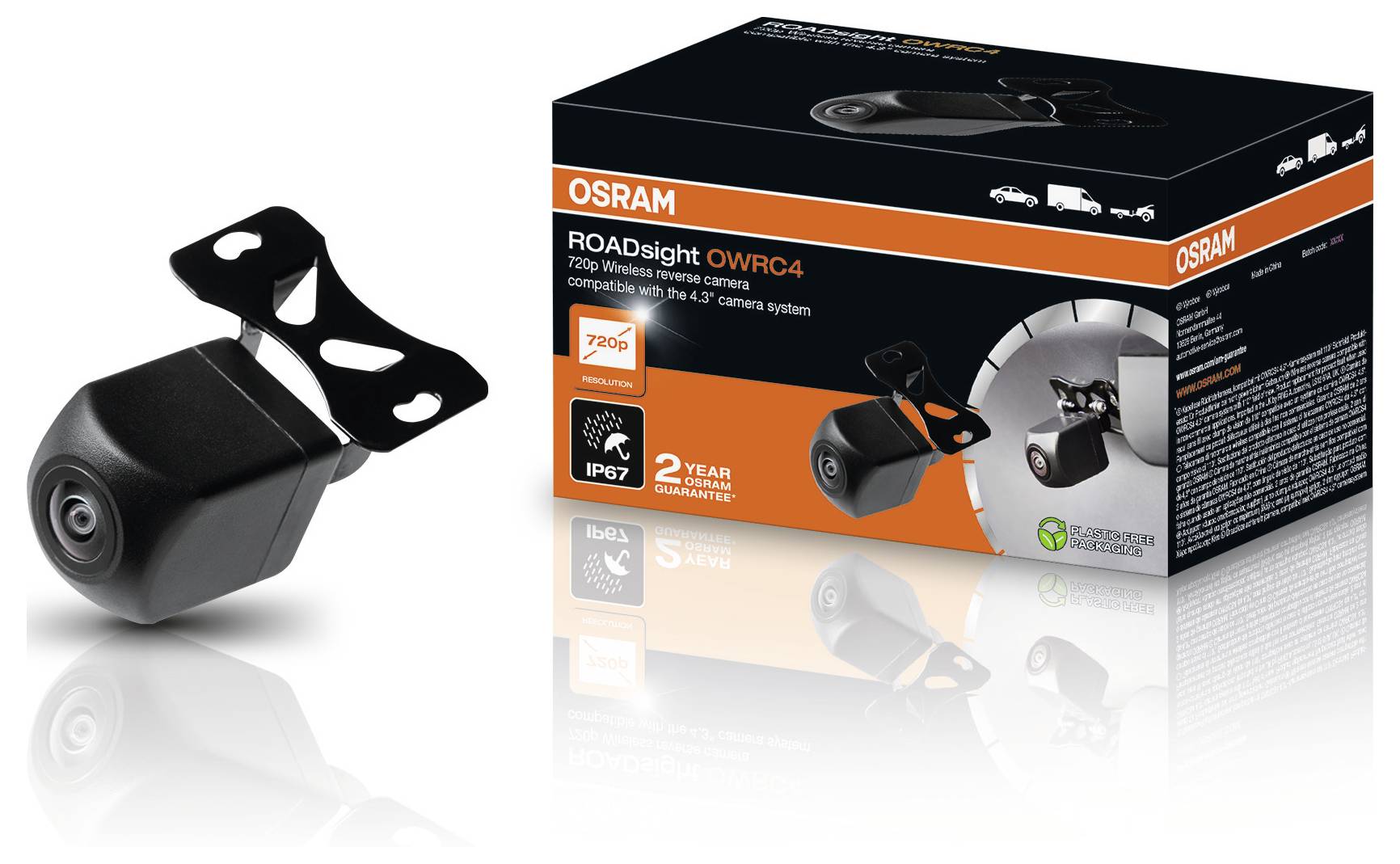 Eine kabellose Rückfahrkamera mit schwarzer Halterung wird neben ihrer Verpackung gezeigt, beschriftet mit 
