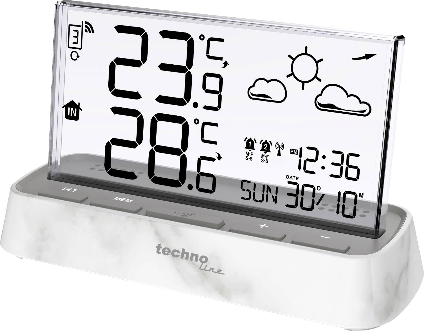 Digitale Wetterstation zeigt innen 23°C und außen 28°C an, mit Wettervorhersageikonen, Zeit 12:36 und Datum So 30.10.