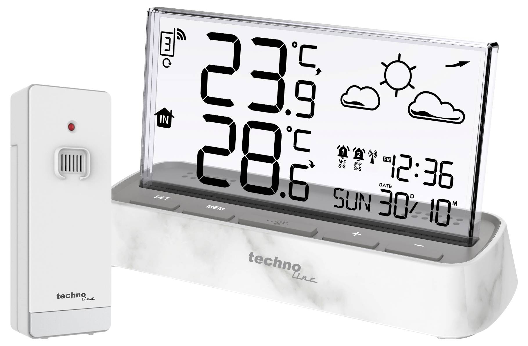 Digital weather station with wireless outdoor sensor, showing indoor 23.9°C and outdoor 28.6°C, forecast icons, and time 12:36 on Sunday 30/10.