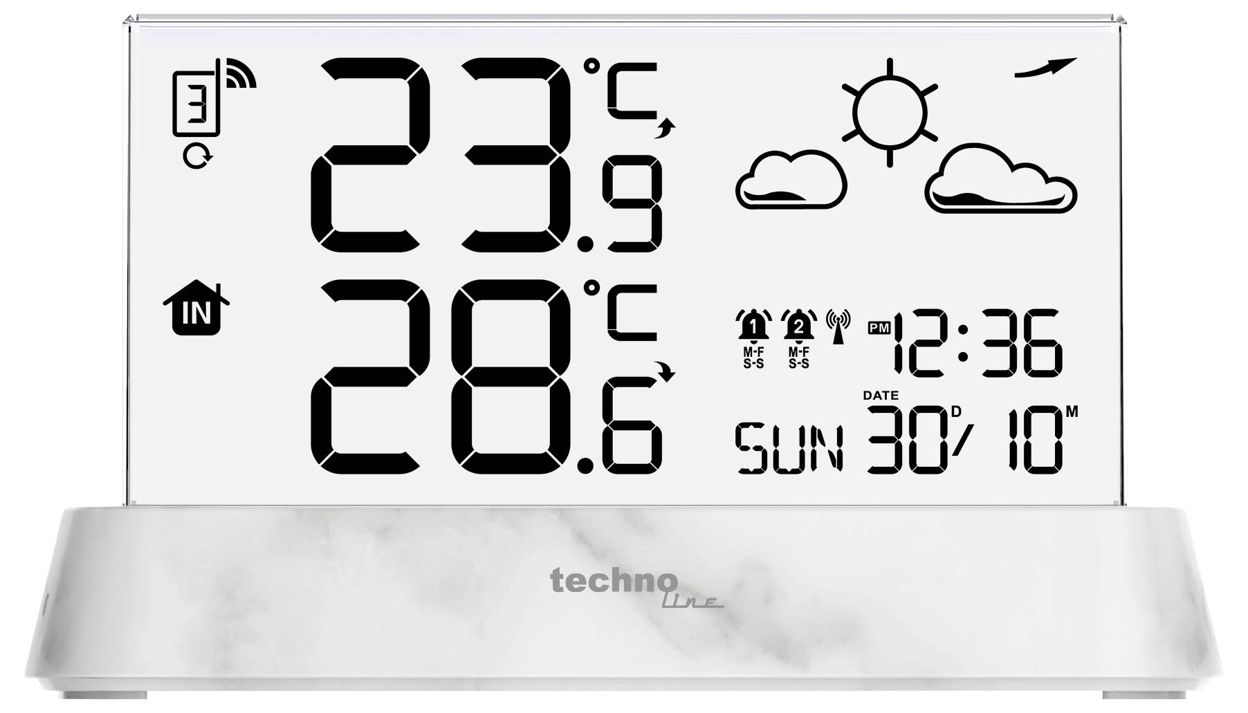 Digital weather station display showing 23.9°C and 28.6°C, with sunny and cloudy weather icons and the time 12:36.