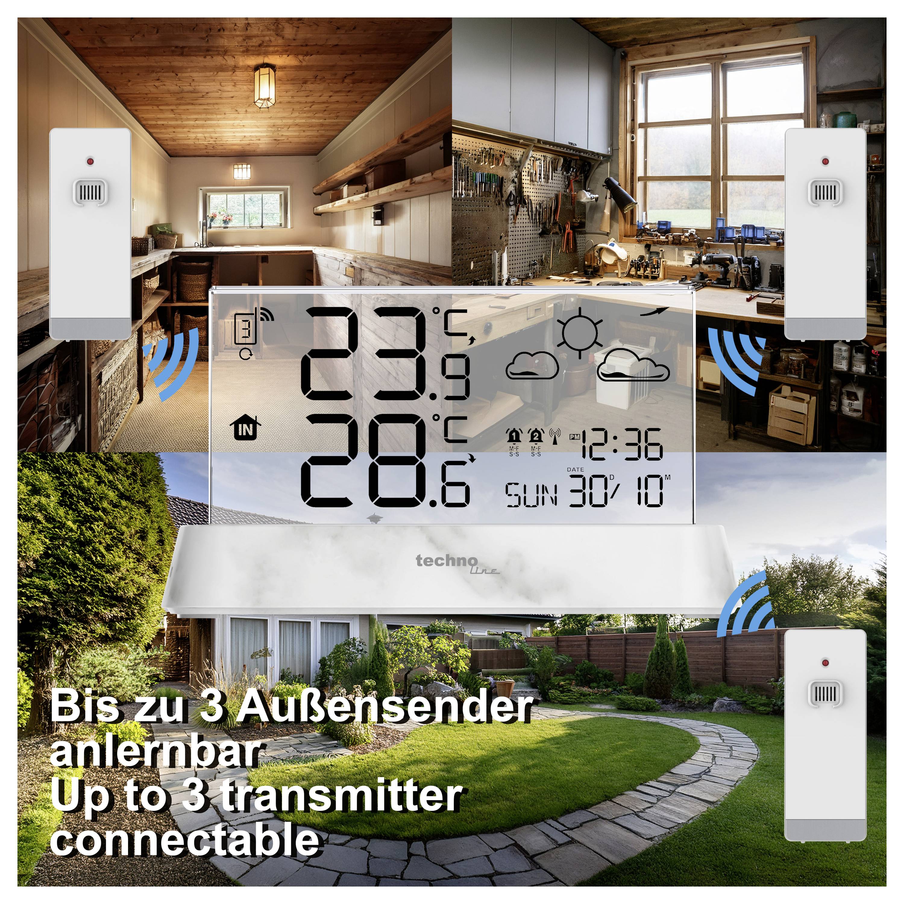 Promotional image of a weather station showing indoor and outdoor temperatures, time and weather icons, with up to 3 wireless transmitters connectable.