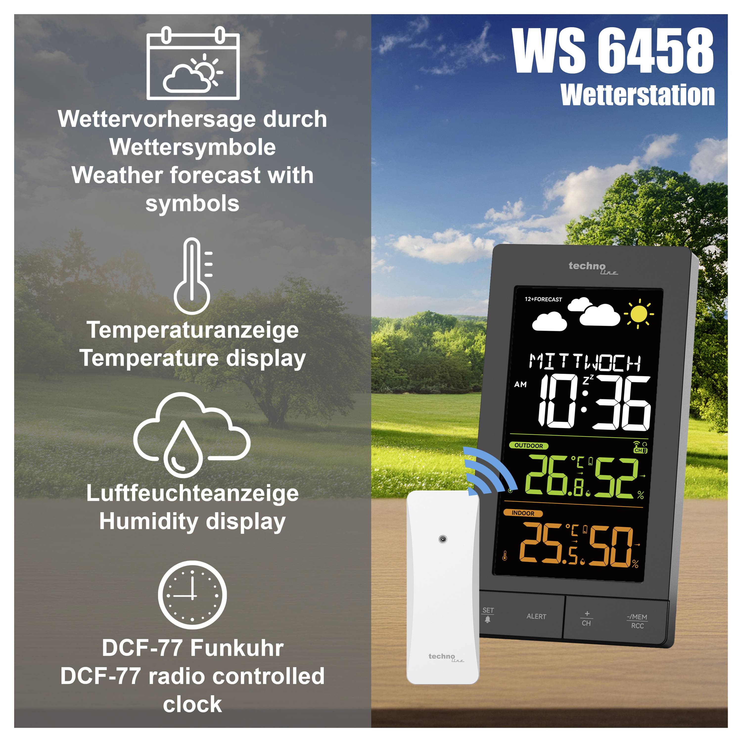 Werbestandbild der Wetterstation 'WS 6458' mit Funkuhr; zeigt Wettervorhersage, Temperatur- und Luftfeuchteanzeige sowie Außensensor.