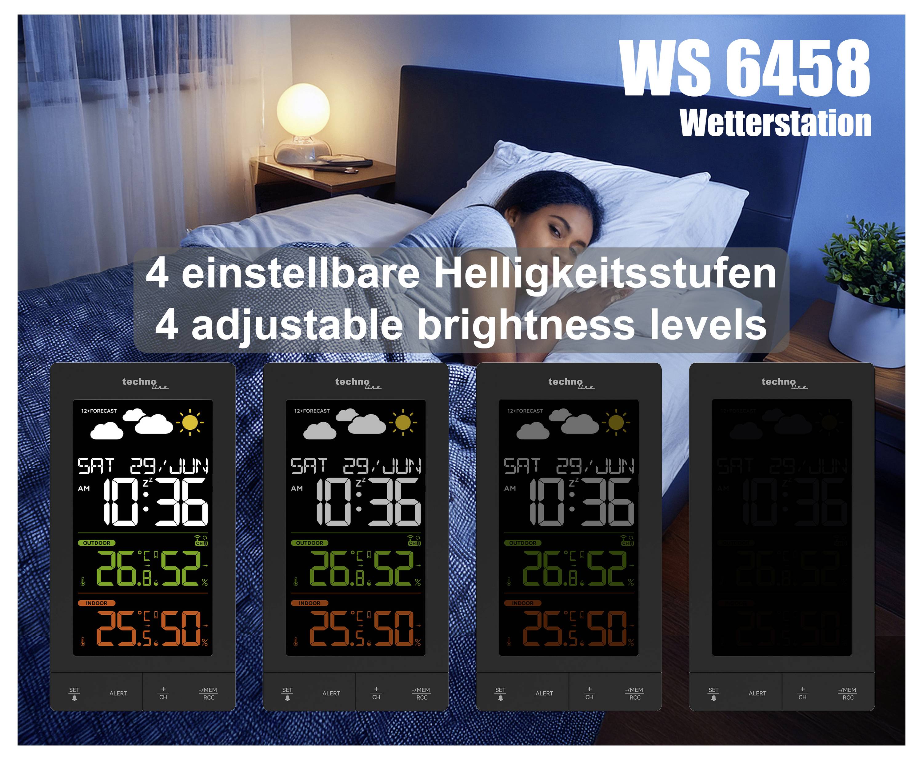 Werbebild für die Wetterstation 'WS 6458' mit 4 einstellbaren Helligkeitsstufen; unten vier Display-Ansichten mit verschiedenen Helligkeiten.
