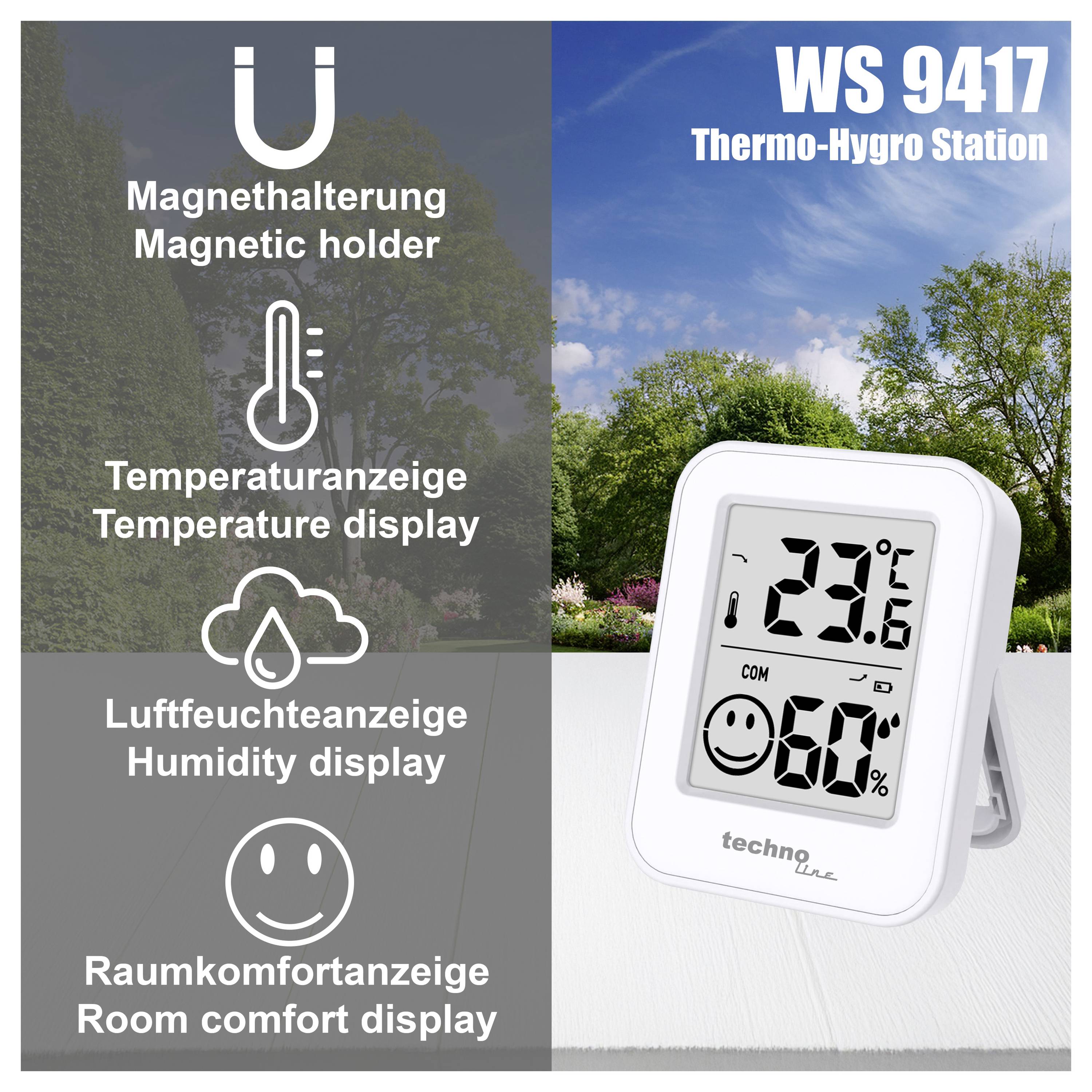 Werbegrafik für die Thermo-Hygro-Station WS 9417 mit Magnethalter, Temperaturanzeige, Luftfeuchteanzeige und Raumkomfortanzeige; zeigt 23,6 °C und 60 %.