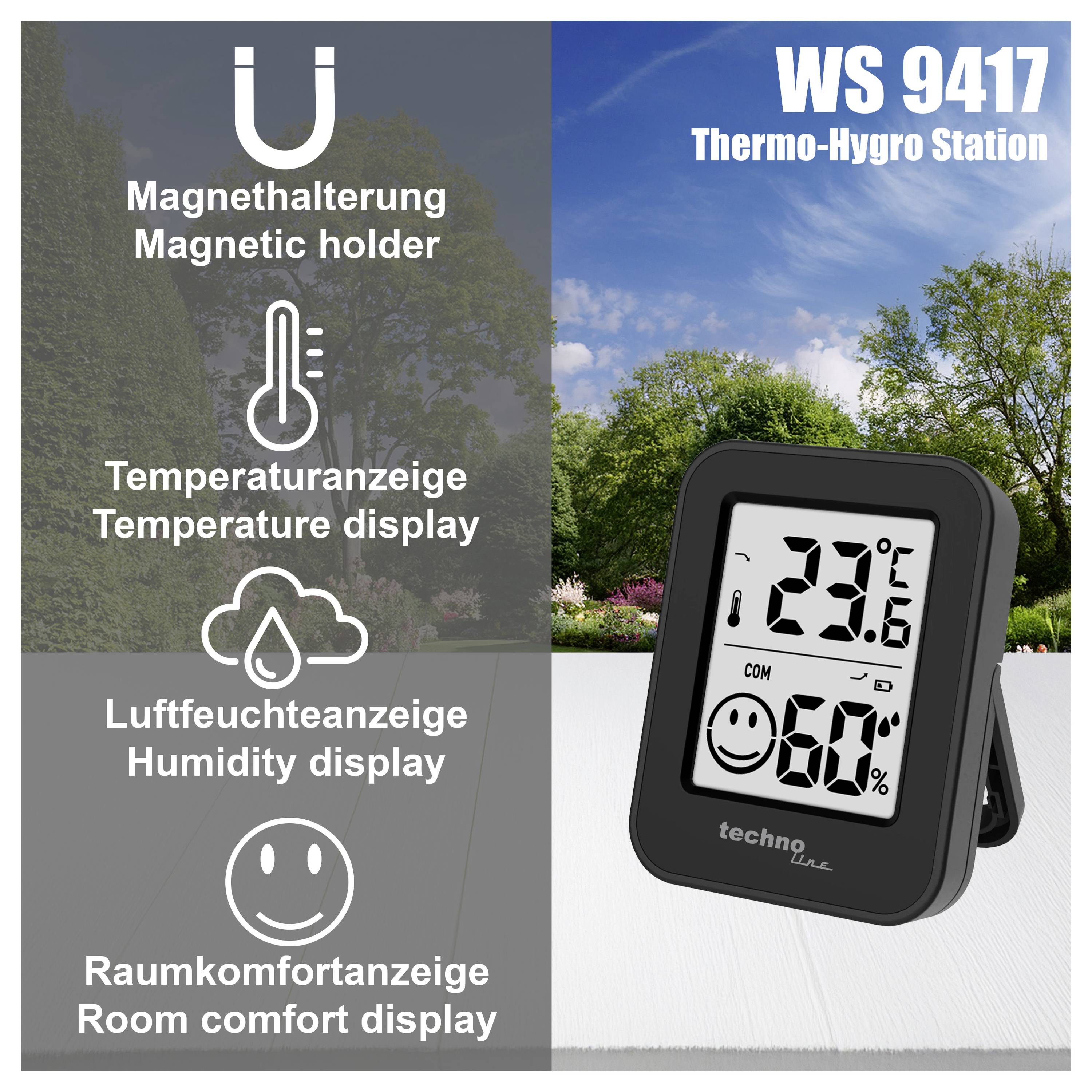 Werbegrafik des Thermo-Hygro-Station 'WS 9417' mit Digitalanzeige für 23,6 °C und 60 % Luftfeuchte; zeigt Magnethalter sowie Temperatur-, Feuchte- und Raumkomfortanzeige.