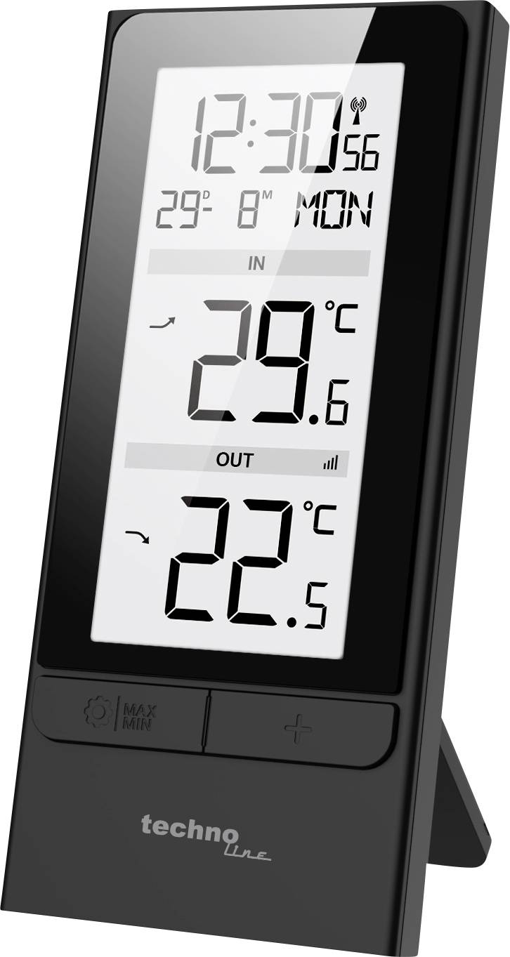 Digitales Innen-/Außenthermometer und Uhr zeigt 12:30 Uhr, Montag, 29,6°C innen und 22,5°C außen.