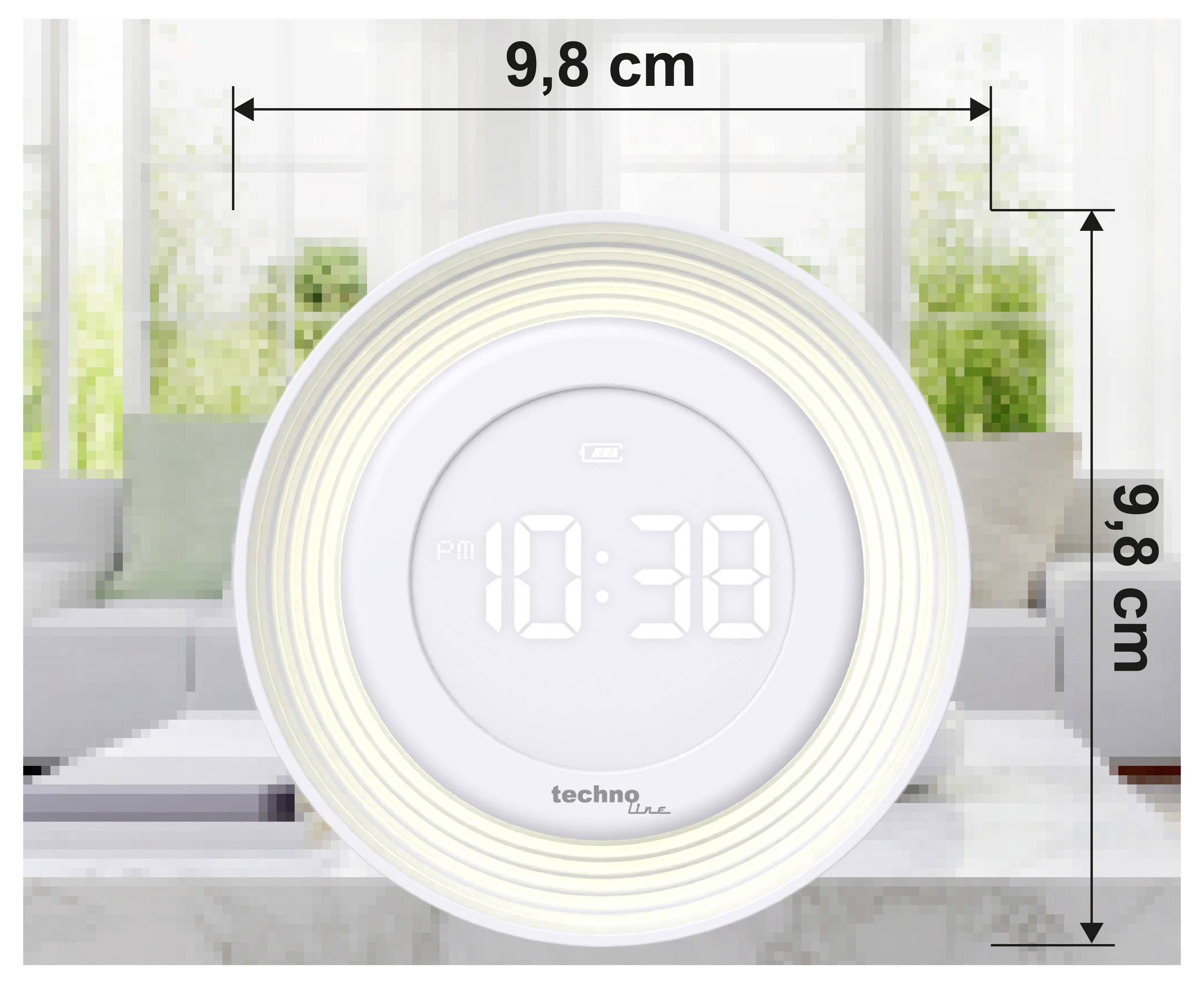 Weiße runde digitale Uhr mit LED-Display, das 10:38 anzeigt, mit Maßangaben von 9,8 cm Breite und Höhe.