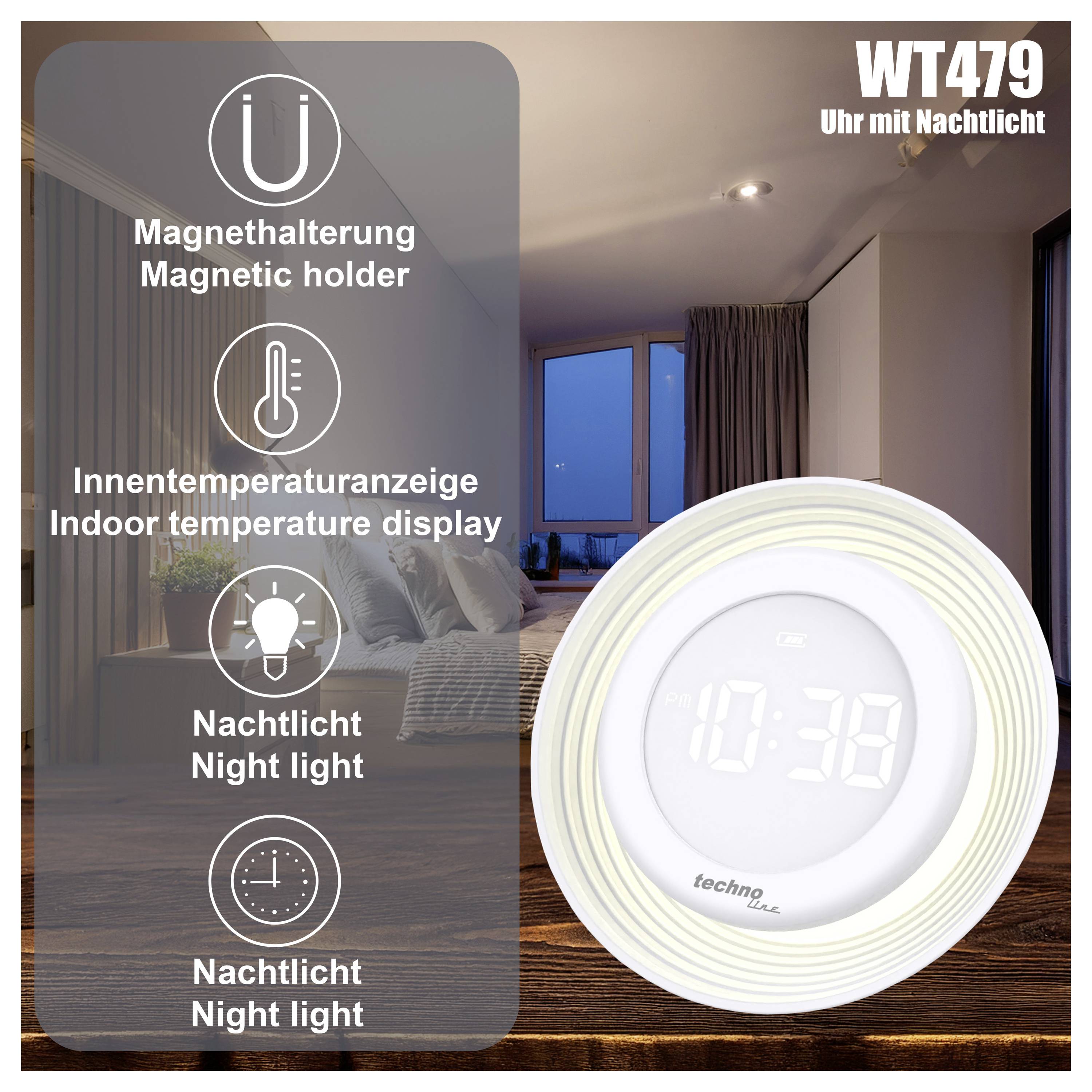 Werbebild einer runden digitalen Uhr/Nachtleuchte mit magnetischer Halterung und Innentemperaturanzeige, Modell WT479.