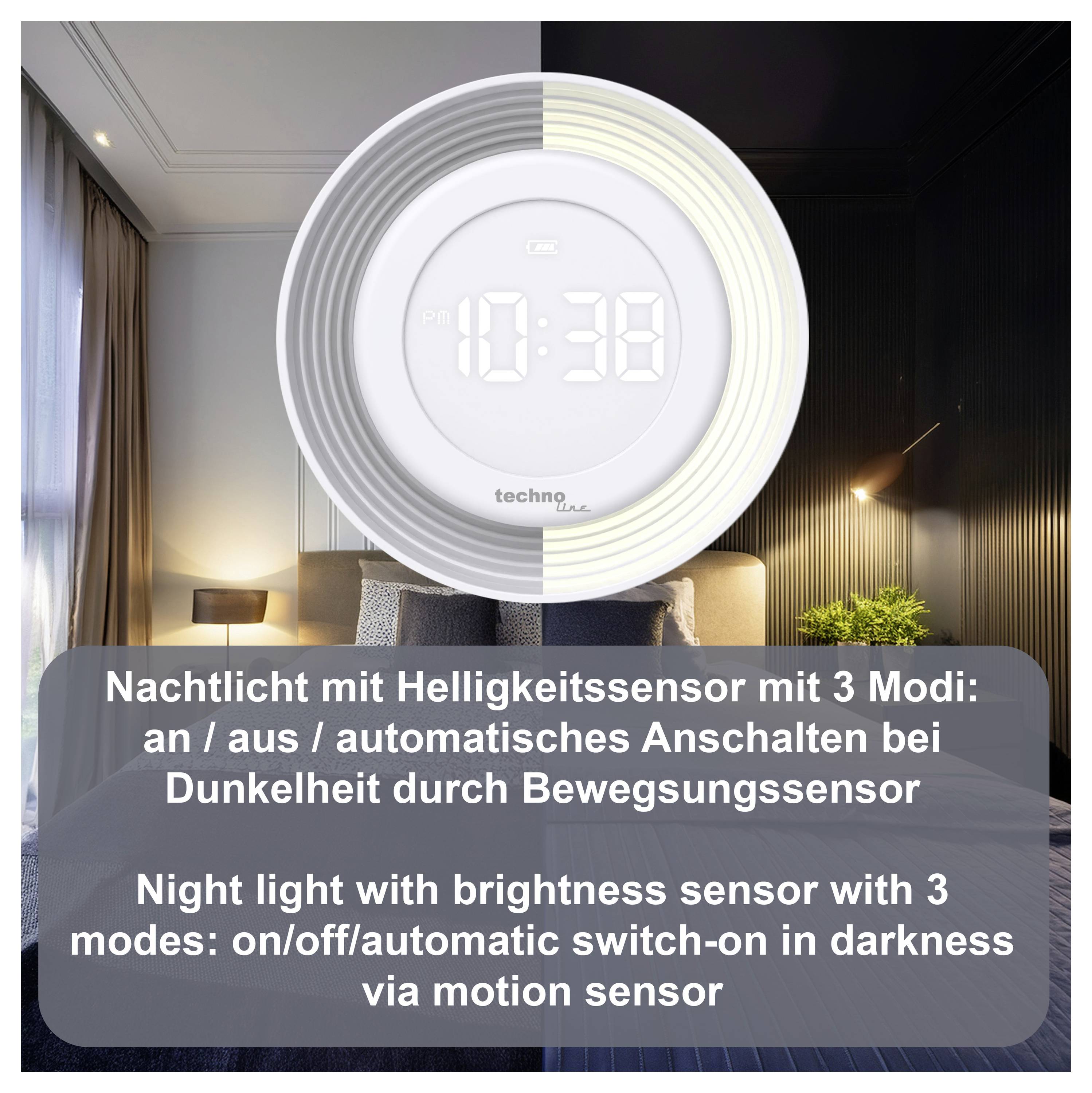 Rundes Nachtlicht mit digitaler Uhranzeige im Schlafzimmer, mit Helligkeitssensor und 3 Modi: Ein/Aus/automatische bewegungsaktivierte Umschaltung.