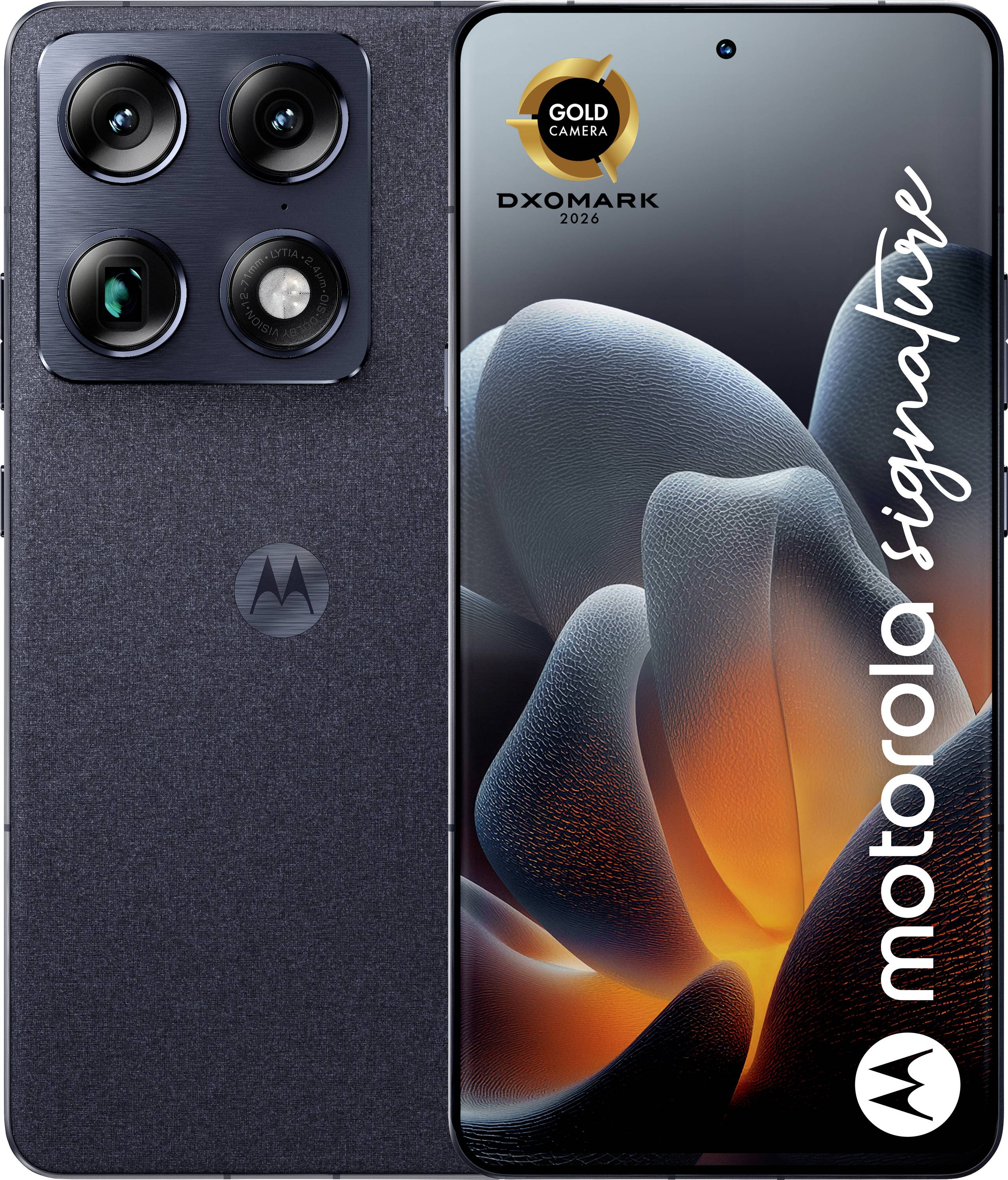 Ein Smartphone mit drei rückwärtigen Kameras, ein Bildschirm mit einem Blumenmuster und Text 