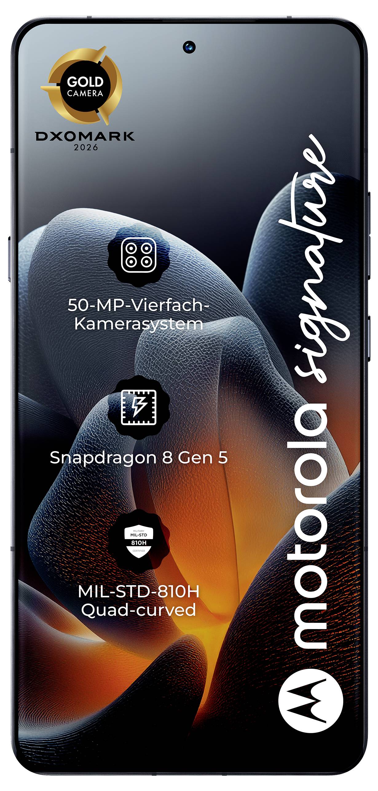 Smartphone mit angezeigten Funktionen: 50-MP-Quad-Kamera-System, Snapdragon 8 Gen 5, MIL-STD-810H quad-gekrümmter Bildschirm und Motorola-Branding.