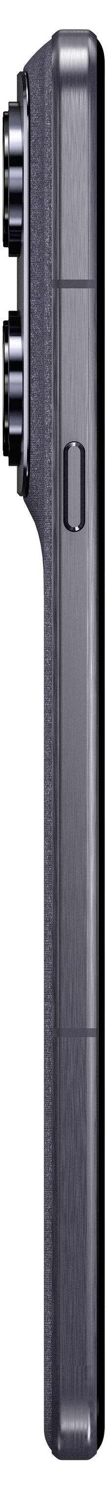 Eine Seitenansicht eines Smartphones, die sein schlankes Profil, die Platzierung der Tasten und die Kameraobjektive zeigt.