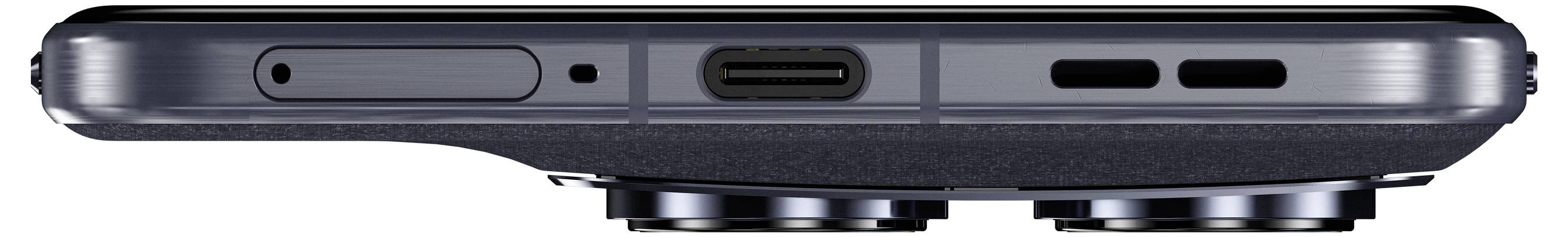 Seitenansicht eines Smartphones, das seine Tasten, USB-C-Anschluss und duale Kameraobjektive zeigt und sein schlankes, modernes Design hervorhebt.