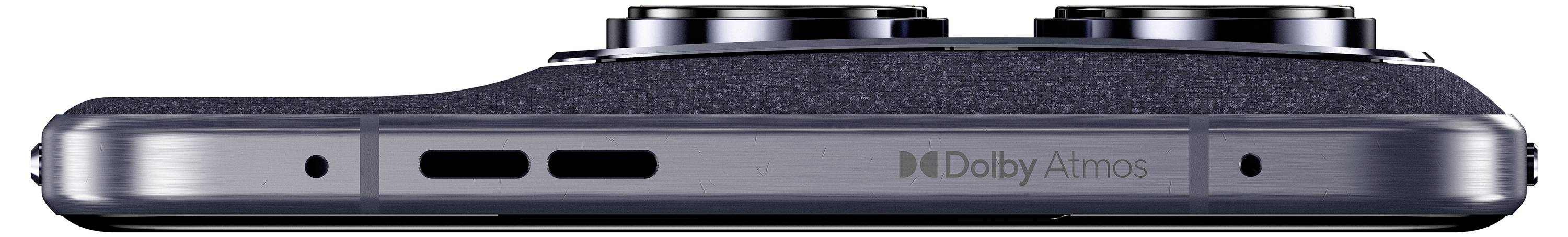 Seitenansicht eines Smartphones mit seinem Dual-Kamera-Setup und dünnem Profil. Das Logo 