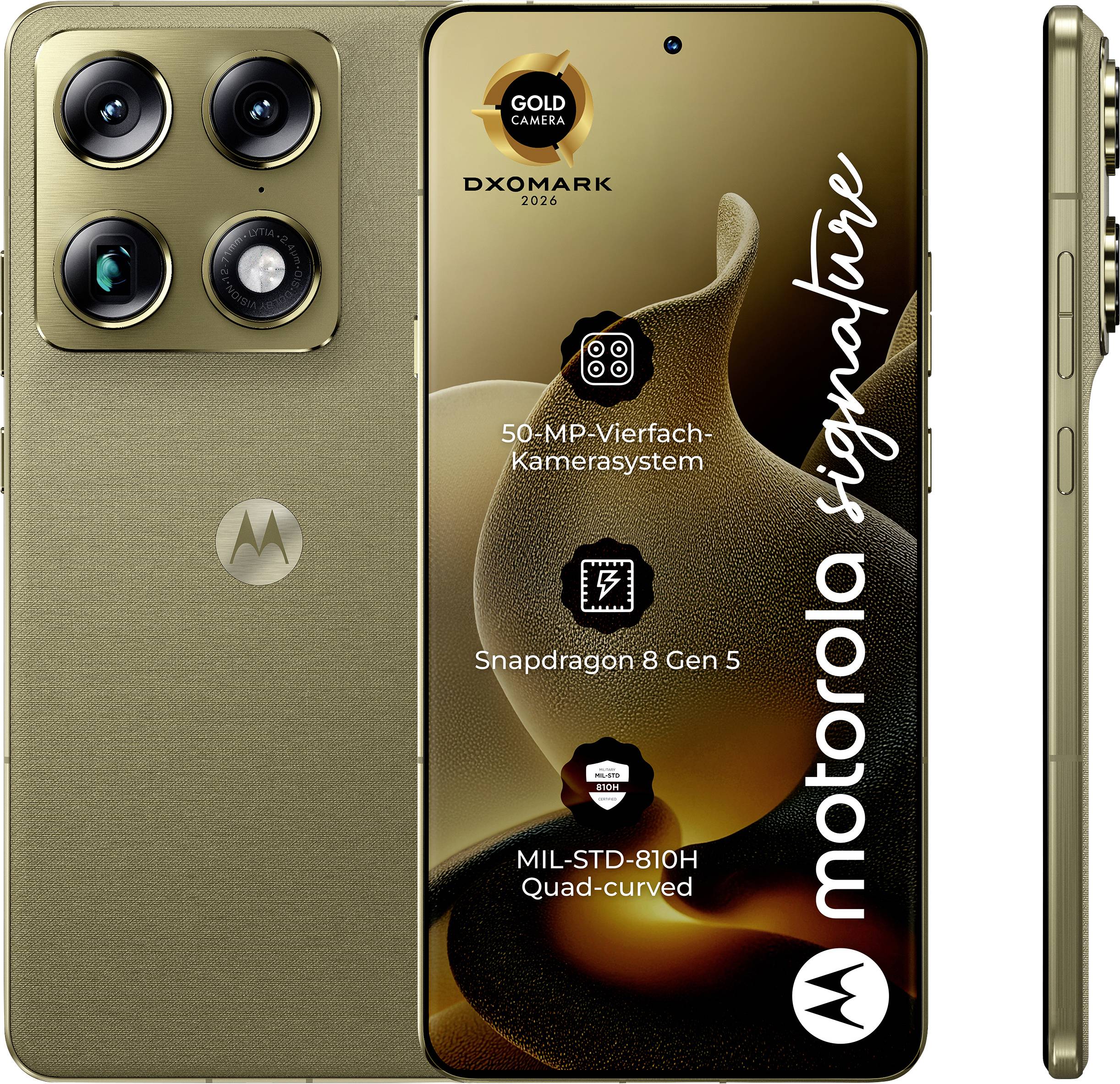 Das Bild zeigt ein goldenes Motorola-Smartphone mit einem Quad-Kamera-Setup, Snapdragon 8 Gen 5 und MIL-STD-810H-Zertifizierung, gekennzeichnet mit 'DXOMARK 2023'.