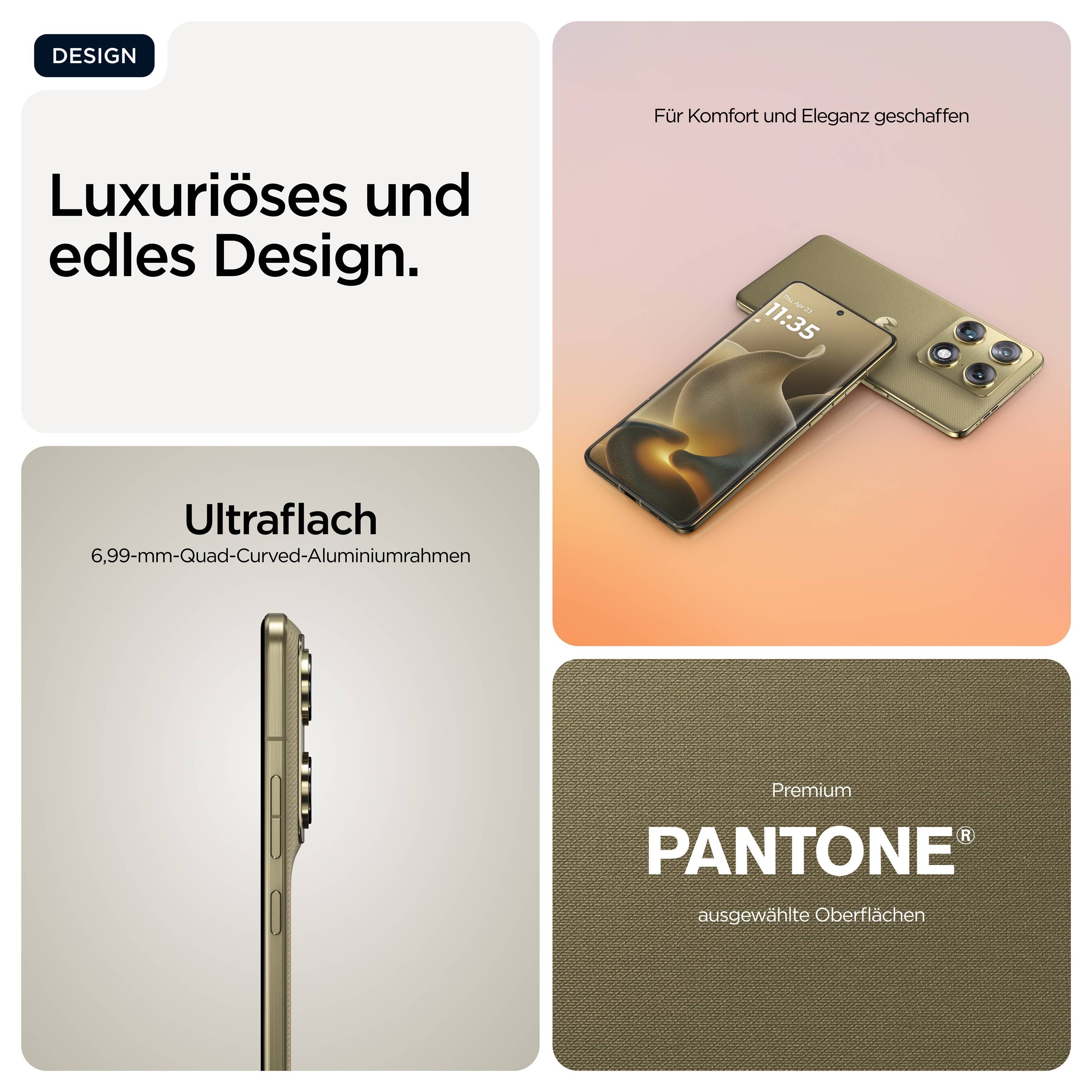 Luxuriöses Smartphone mit elegantem Design, ultraflachem Aluminiumrahmen (6,99 mm) und Premium-Pantone-Oberflächen.