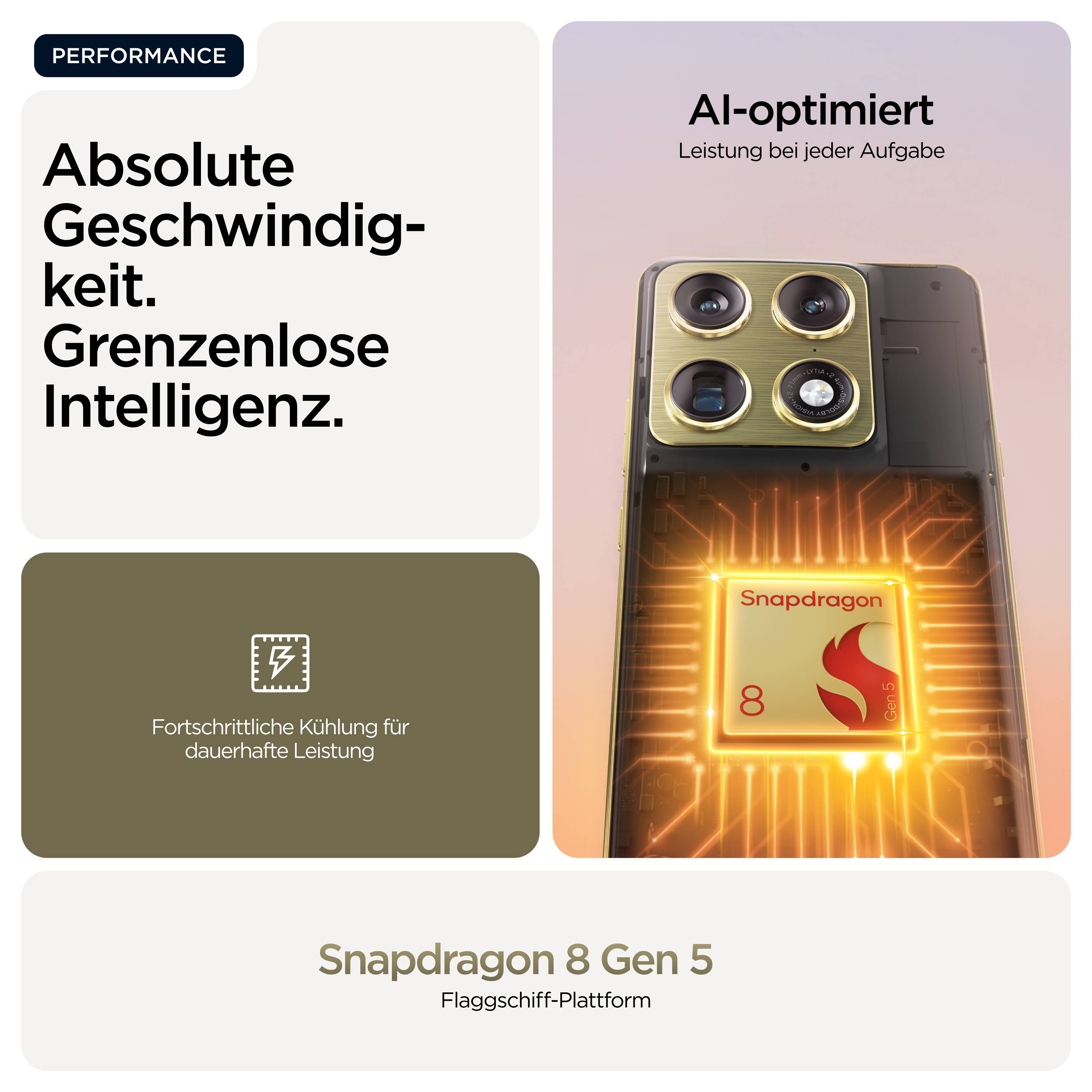 Smartphone mit Snapdragon 8 Gen 5 Chip, AI-optimiert. Absolute Geschwindigkeit, grenzenlose Intelligenz. Fortschrittliche Kühlung.