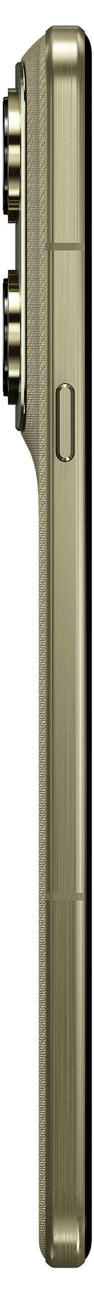 Eine Seitenansicht eines schlanken, goldfarbenen Smartphones mit Triple-Kamerasystem und elegantem Design.