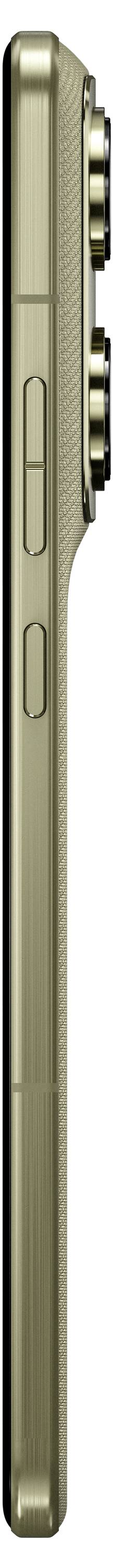 Seitenansicht eines eleganten, goldfarbenen Smartphones, das Lautstärkeregler und ein vorastehendes Triple-Kamera-Modul zeigt.