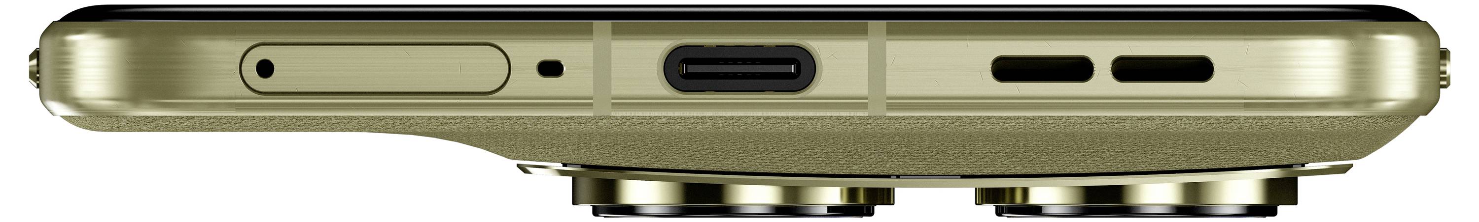 Die Abbildung zeigt die Unteransicht eines goldenen Smartphones und hebt den USB-C-Anschluss zwischen Lautsprechergittern und versenkte Schrauben für das SIM-Kartenfach hervor.