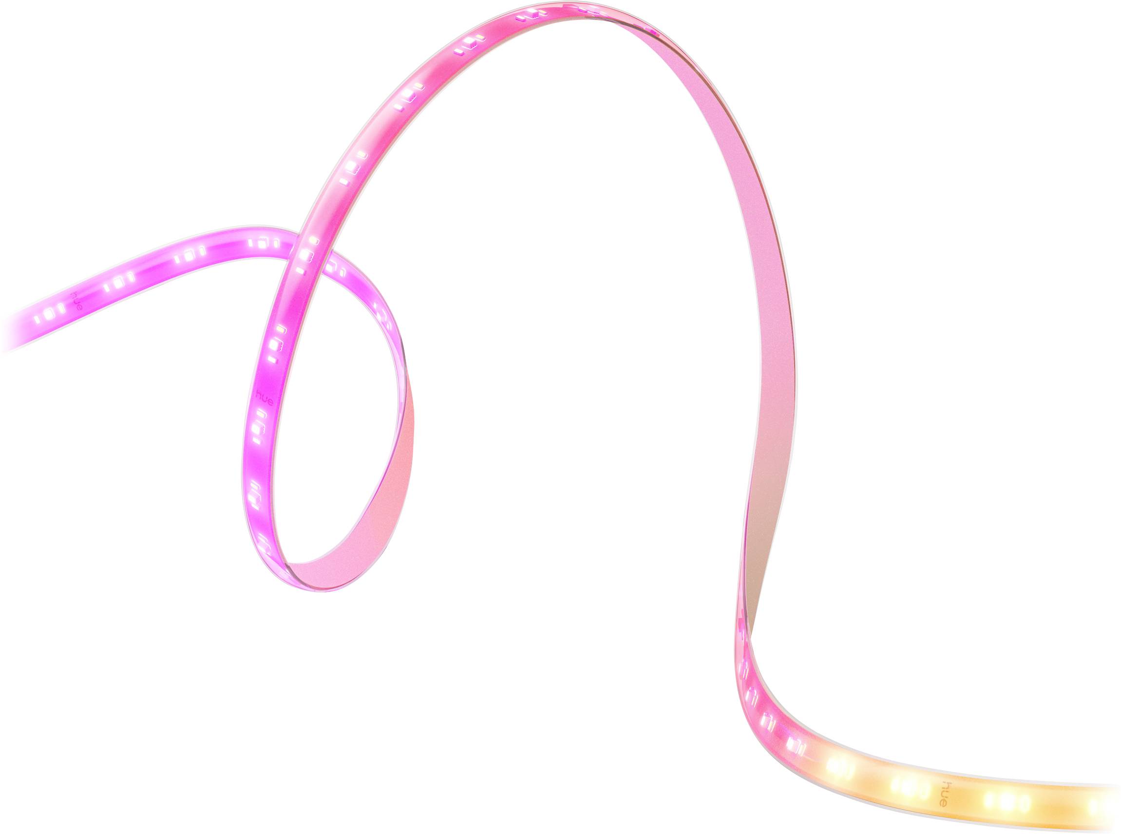 Ein flexibles LED-Lichtband emittiert rosa und orangefarbenes Licht und stellt eine sanfte Kurve gegen einen weißen Hintergrund dar.